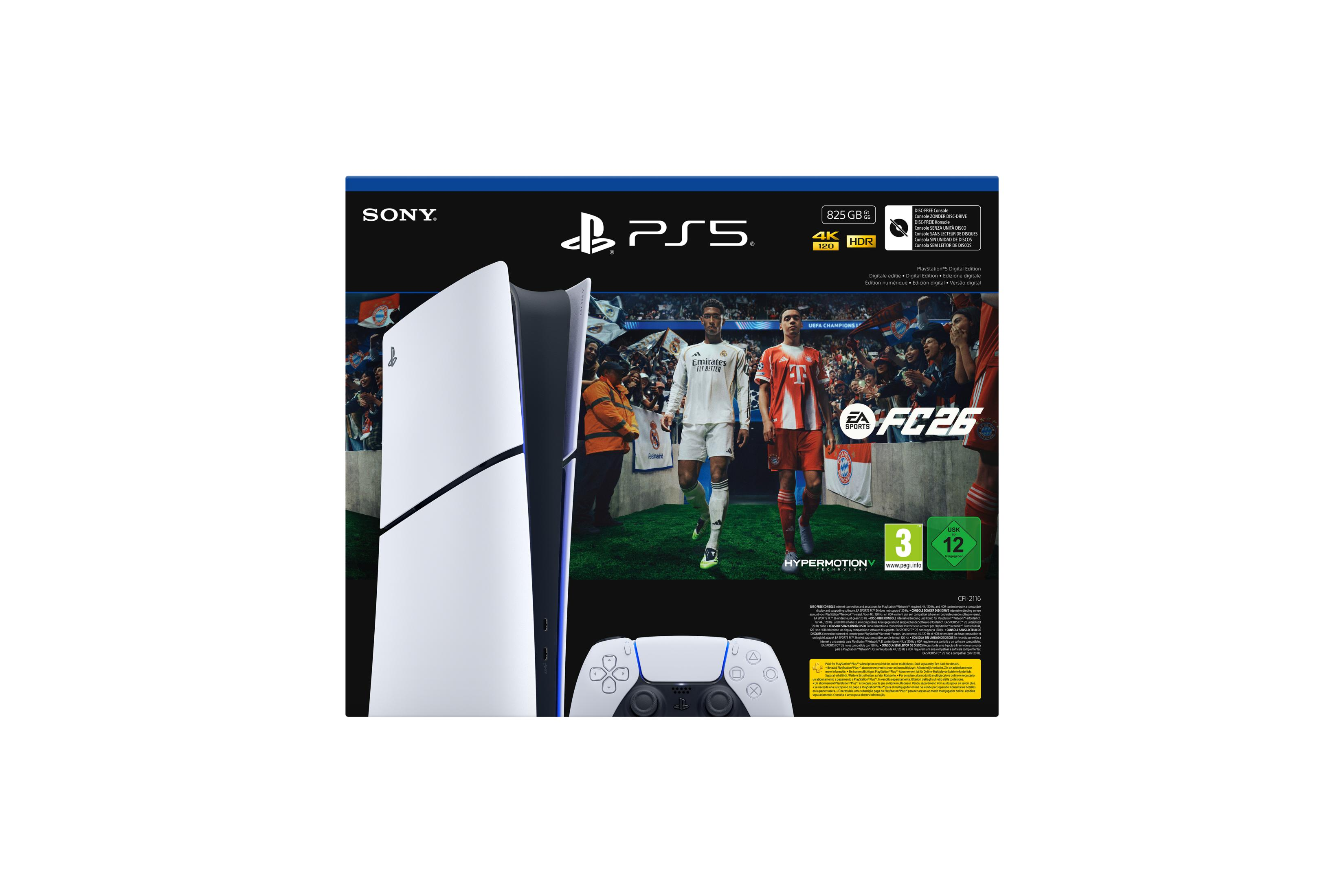 PlayStation 5 Dijital Sürüm FC 26 oyunu, kontrolcüsü ve ambalajı ile.