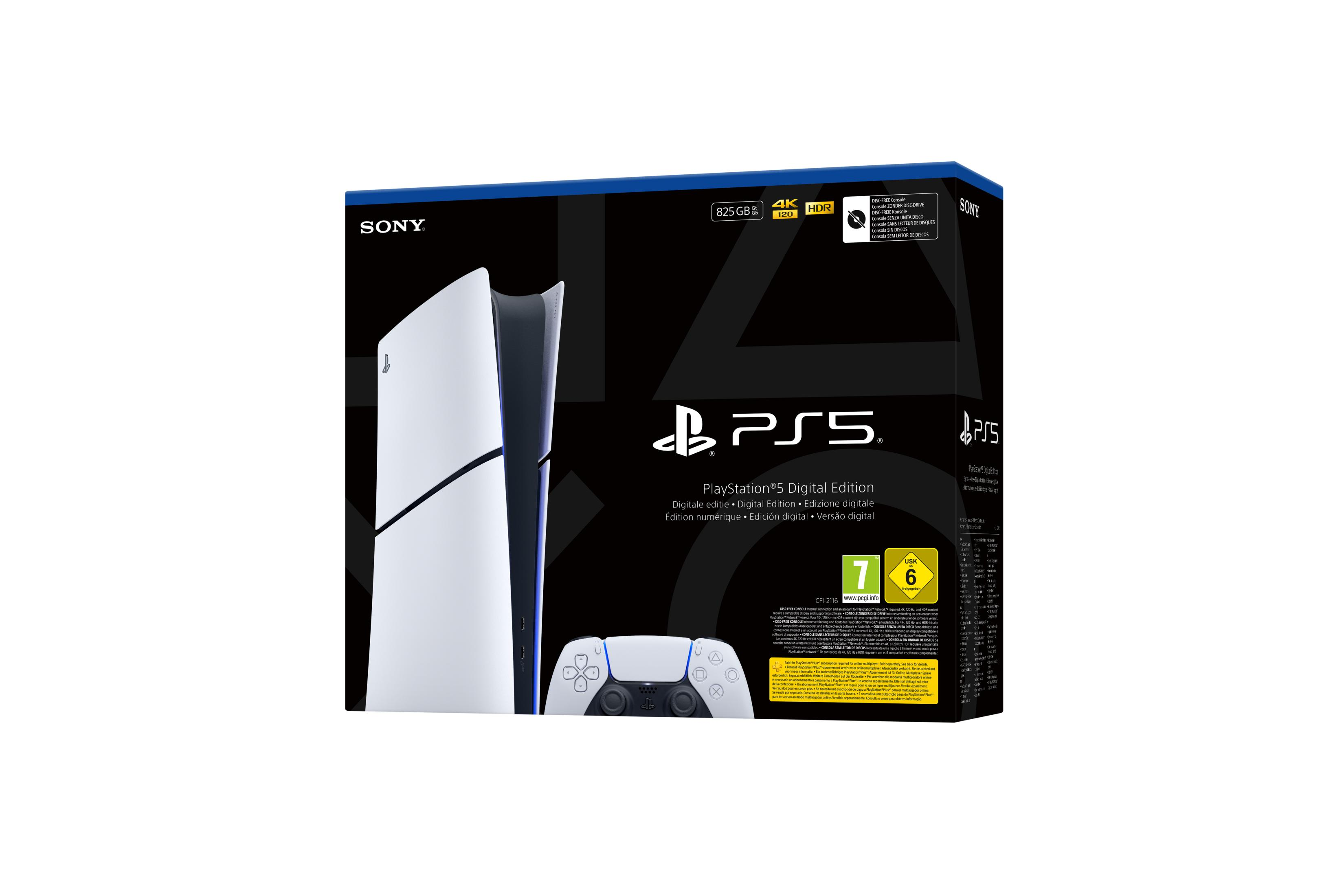 Caja de PlayStation 5 Edición Digital con consola y mando. 825GB, 4K, HDR.