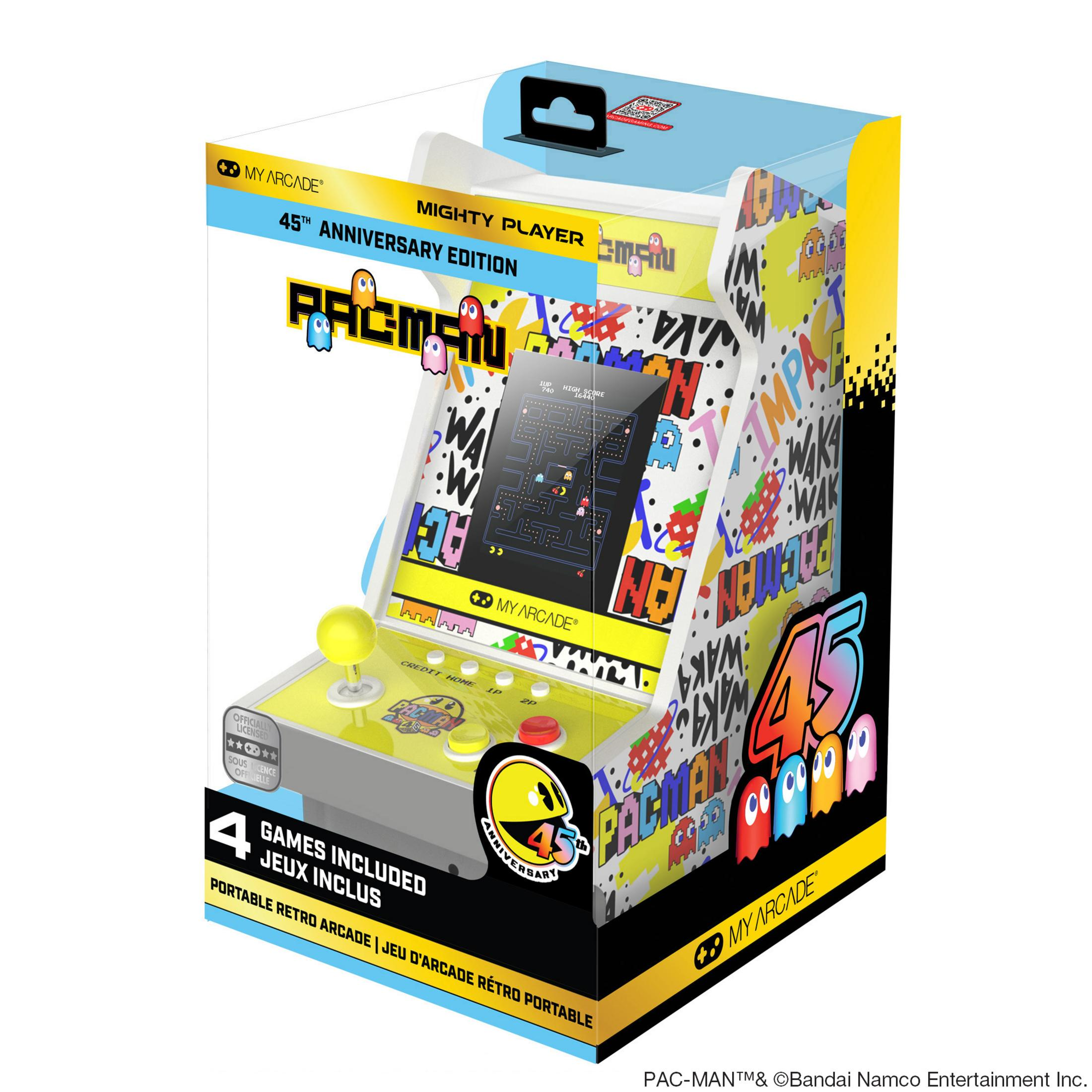 Confezione macchina arcade retro portatile Pac-Man 45° anniversario con grafica colorata.