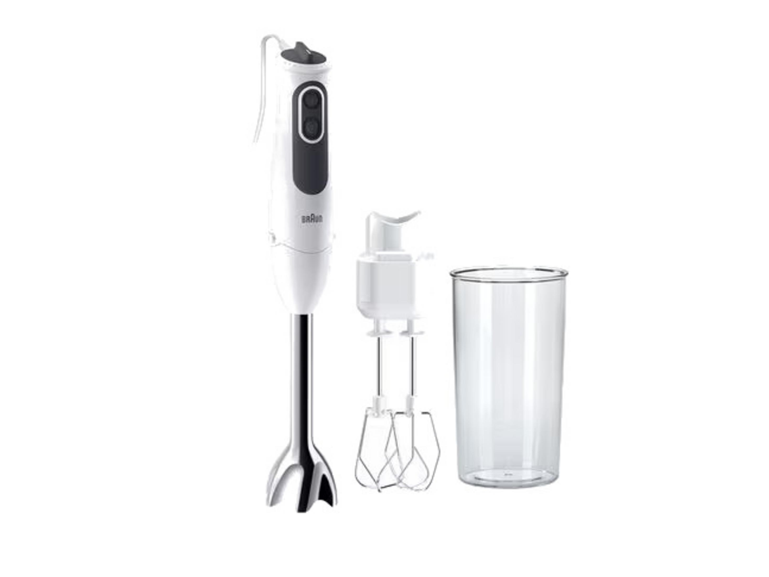 İki aparatlı ve bir bardaklı beyaz el blenderı.