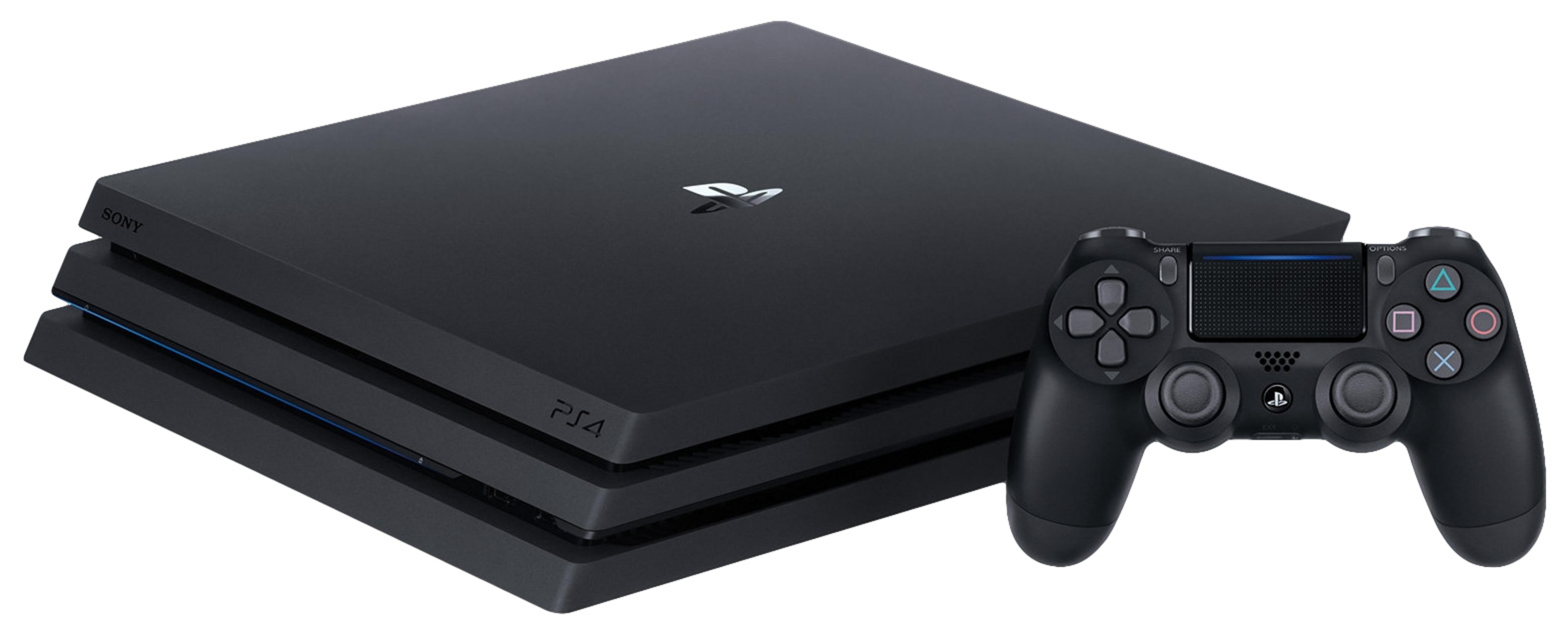 Schwarze PlayStation 4 Pro Konsole mit einem schwarzen Controller daneben.