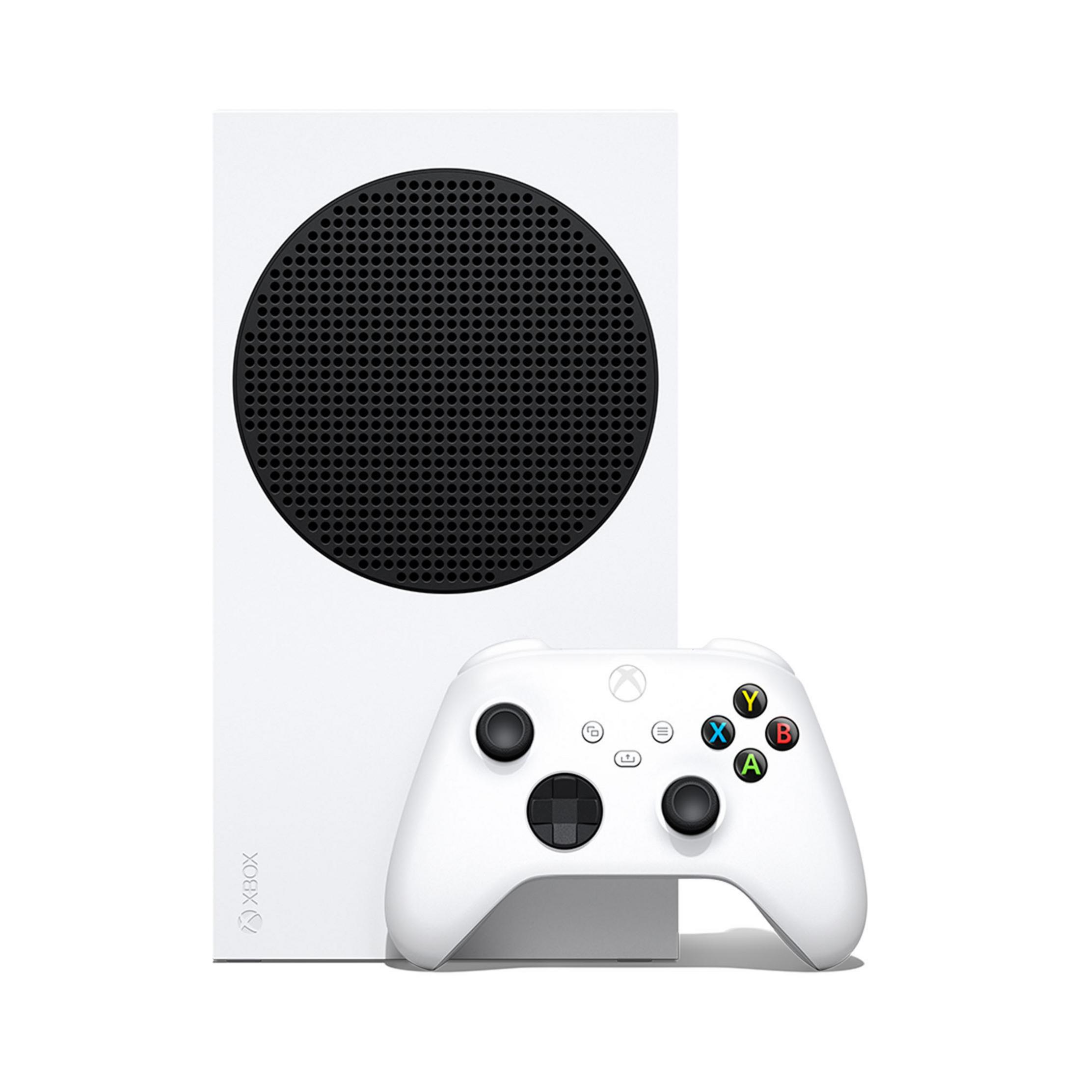 Biały zestaw konsoli Xbox Series S z kontrolerem, na białym tle.