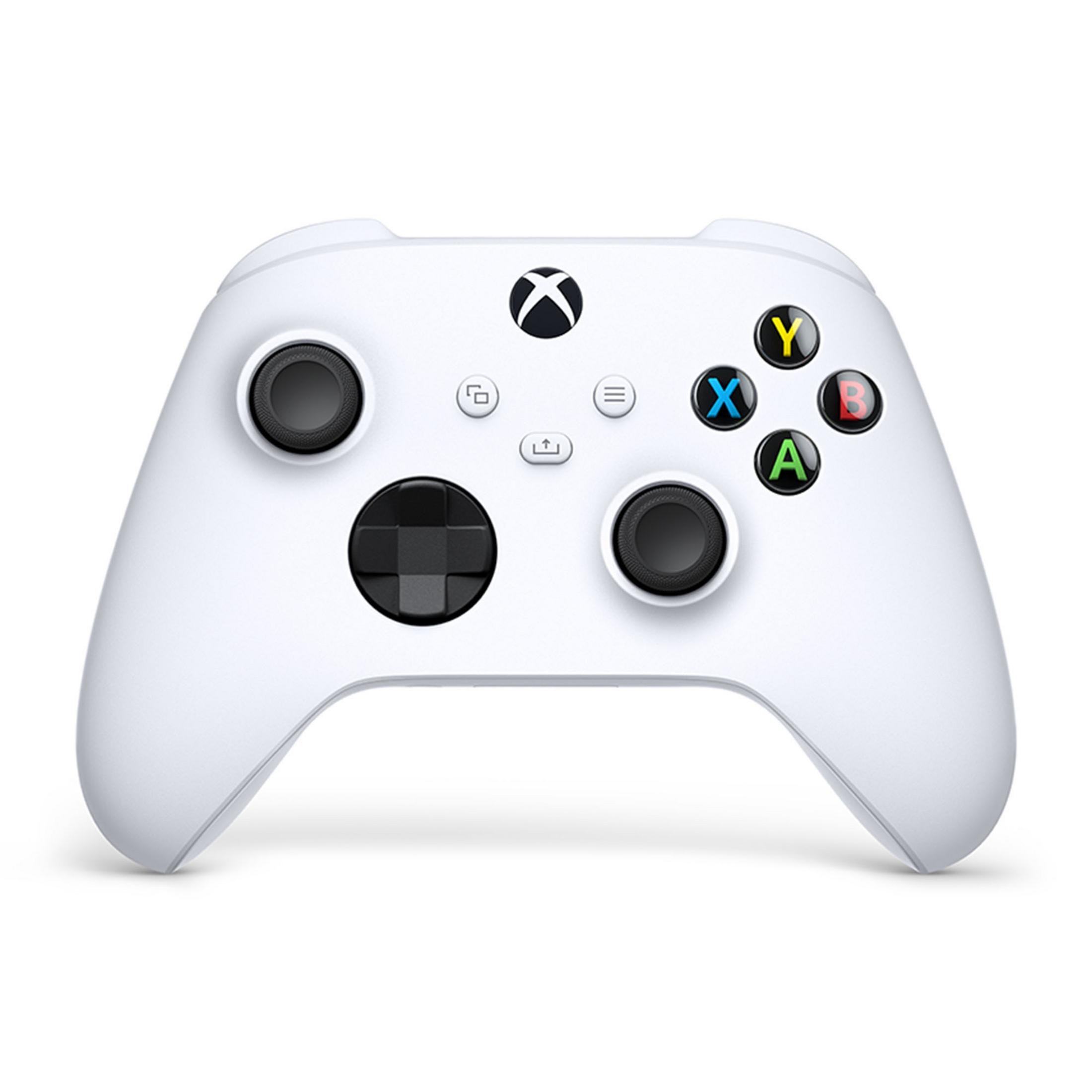 Biały kontroler Xbox z czarnymi i kolorowymi przyciskami na białym tle.