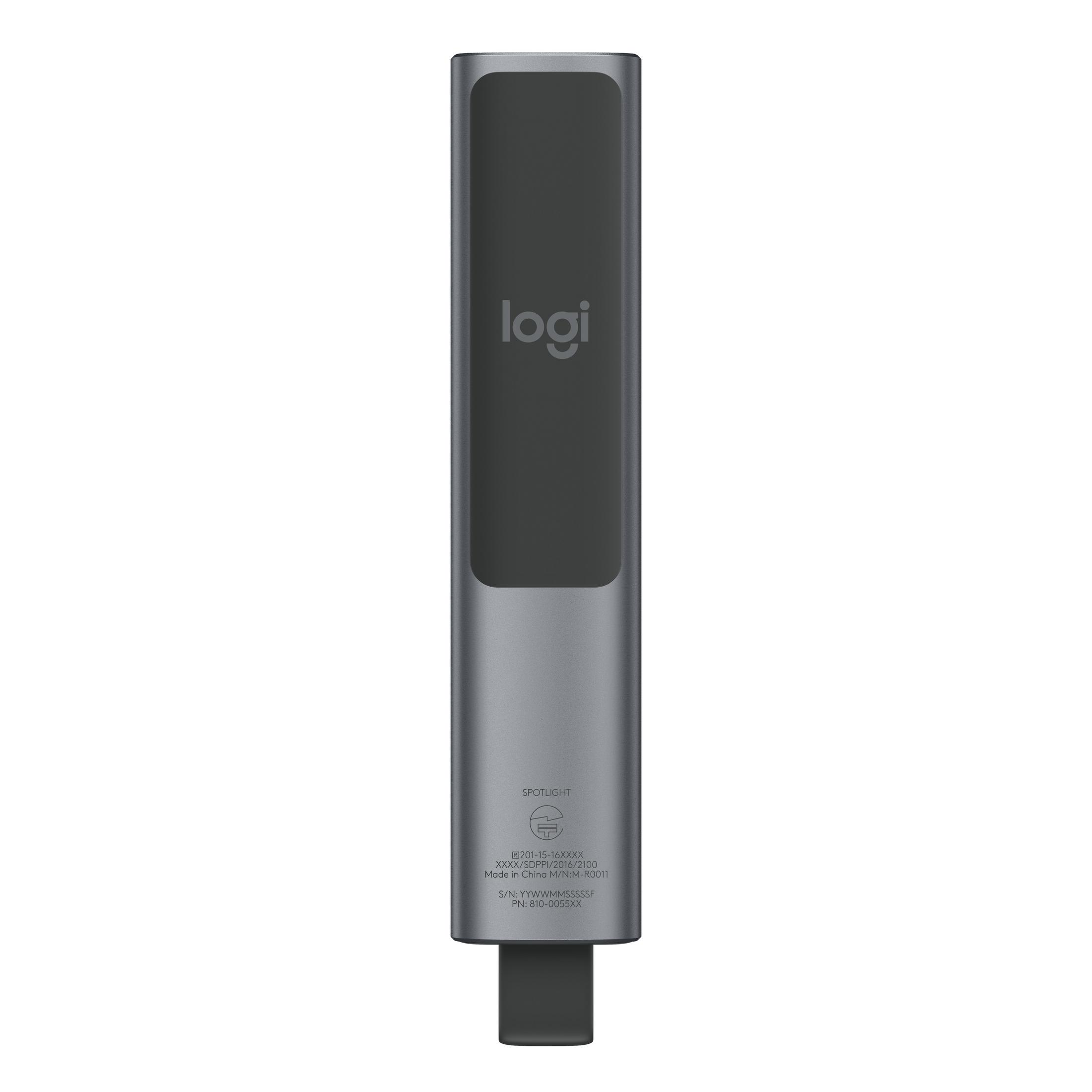 Gray Logitech Spotlight presenter with USB connector.