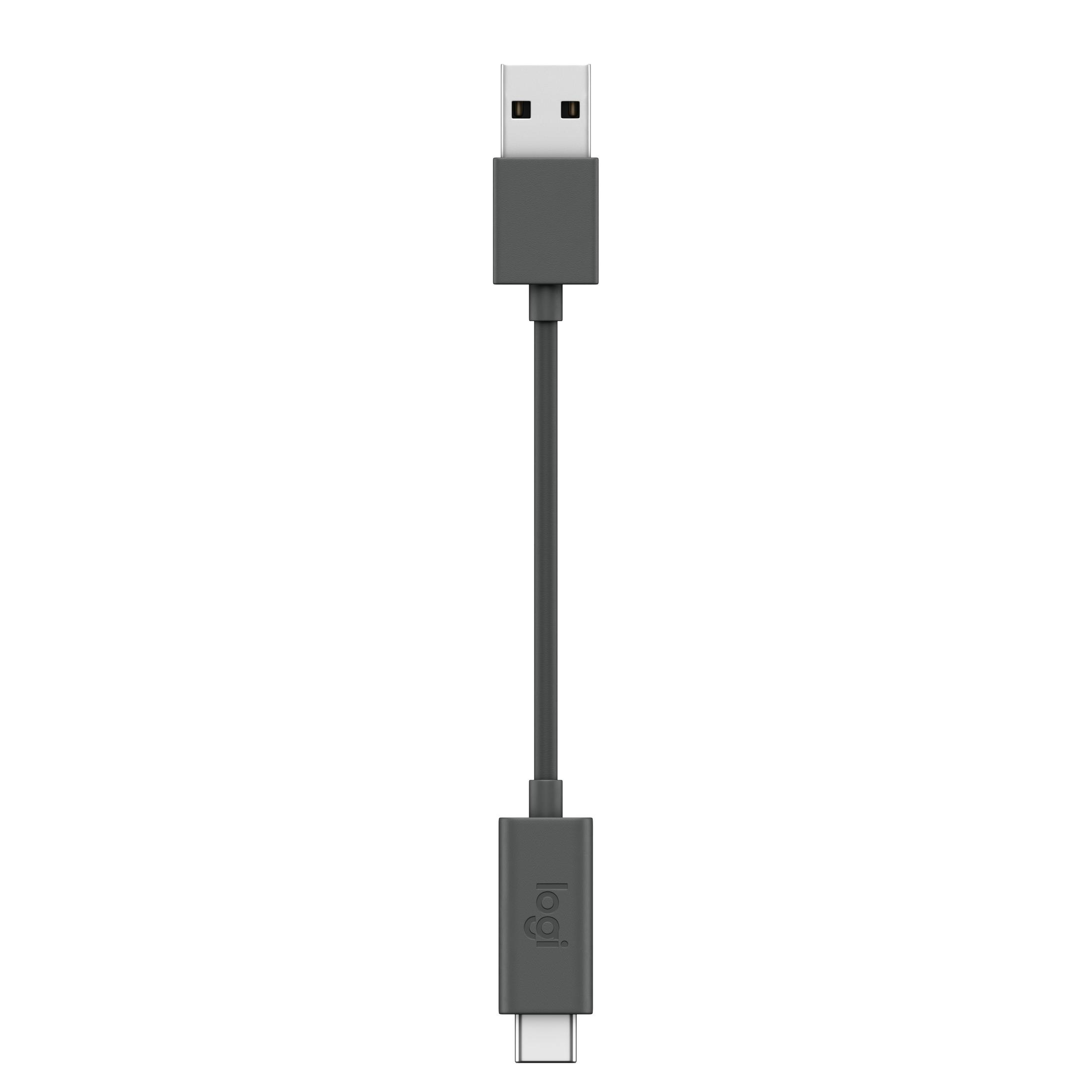 Gray USB-C to USB-A cable with Logitech logo.