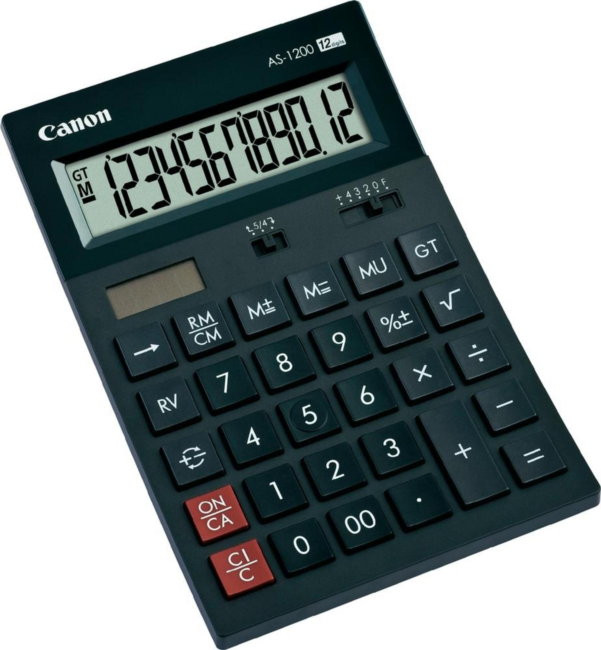 Schwarzer Canon AS-1200 Taschenrechner mit 12-stelliger Anzeige und Tasten.