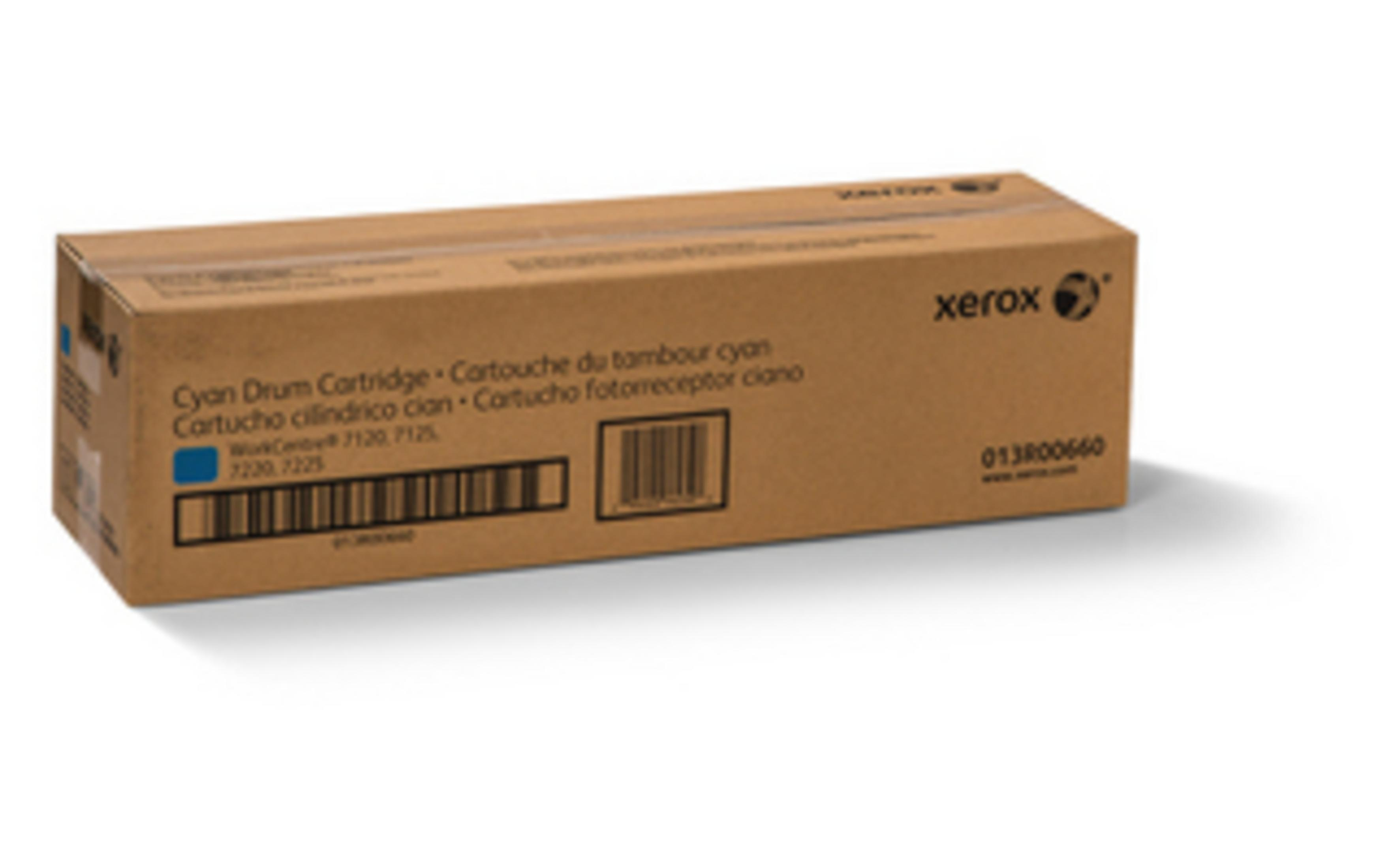 Una scatola Xerox marrone contenente una cartuccia tamburo ciano, modello 7120/7125.