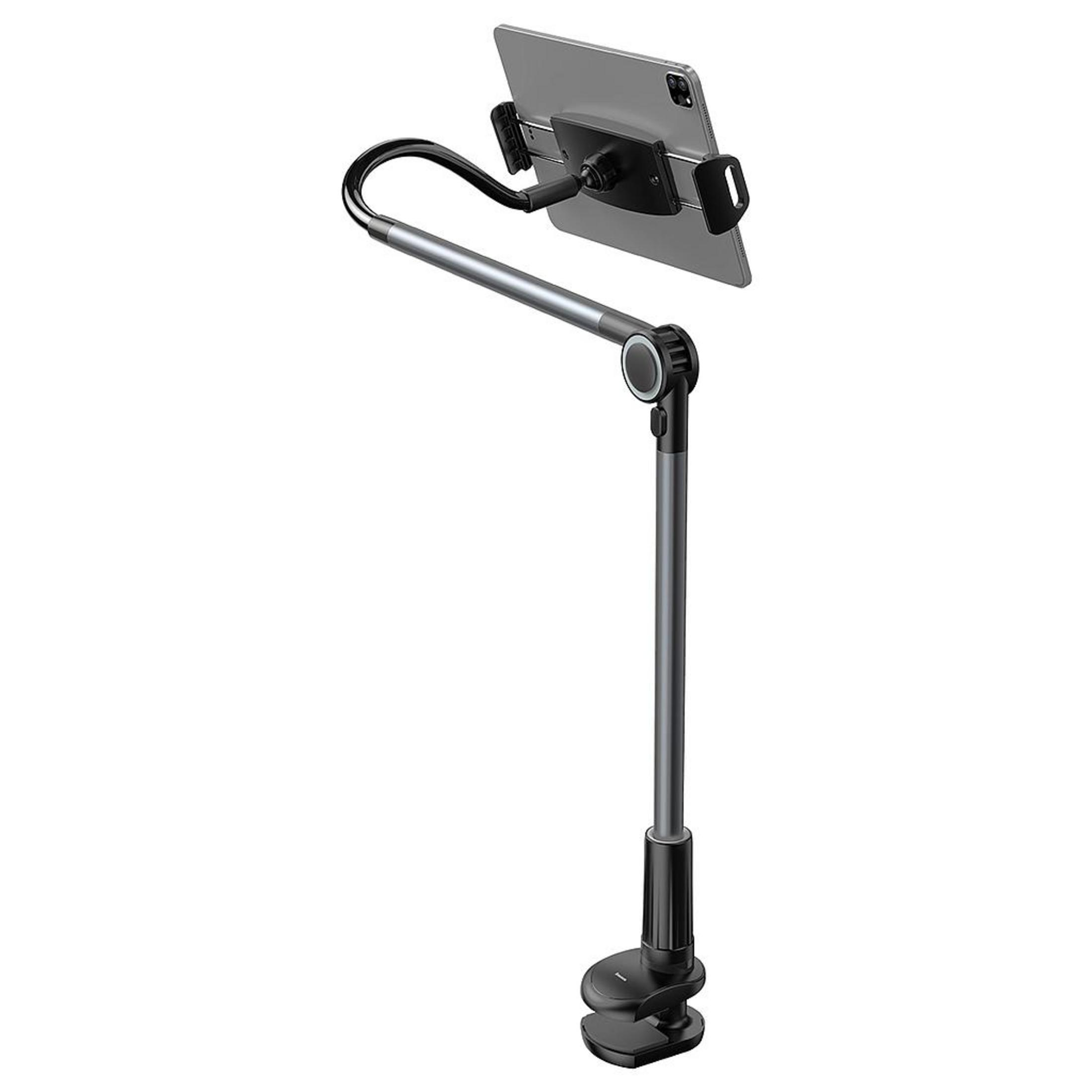 Ein verstellbarer Tablet-Halter mit Klemmfuß und schwanenhalsartigem Arm.