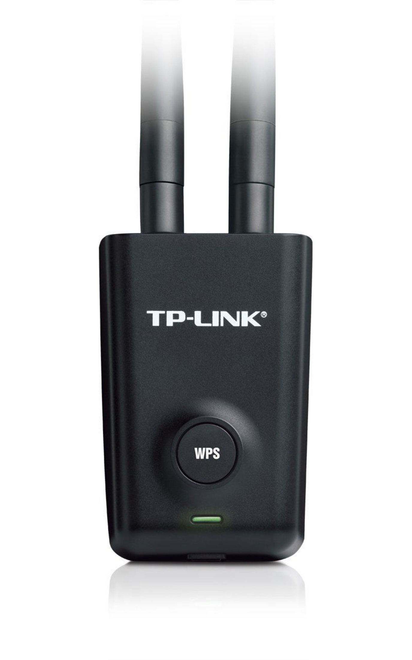 Un extensor Wi-Fi TP-Link negro con dos antenas y botón WPS.