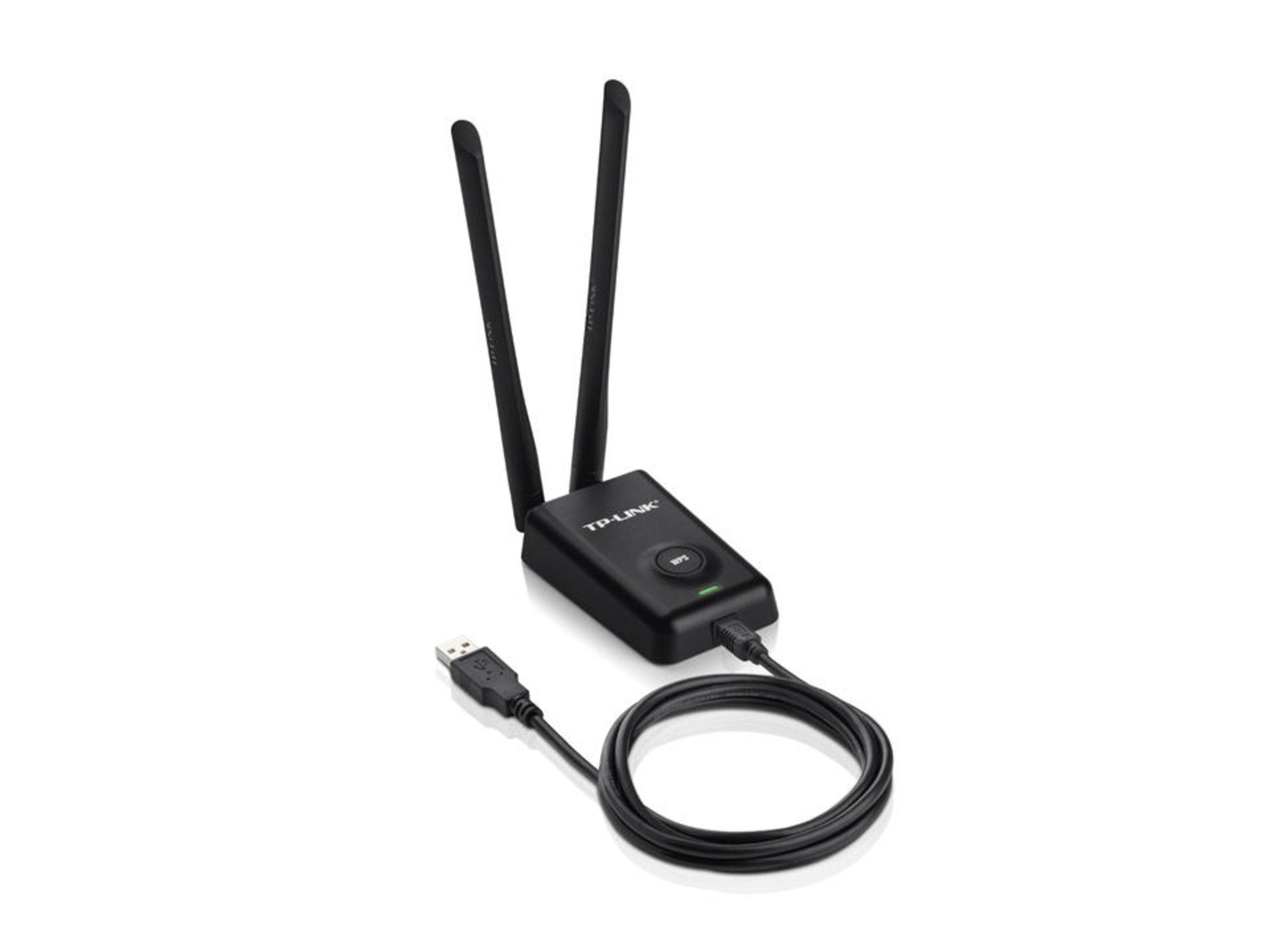 Un adaptador Wi-Fi negro con dos antenas y cable USB.