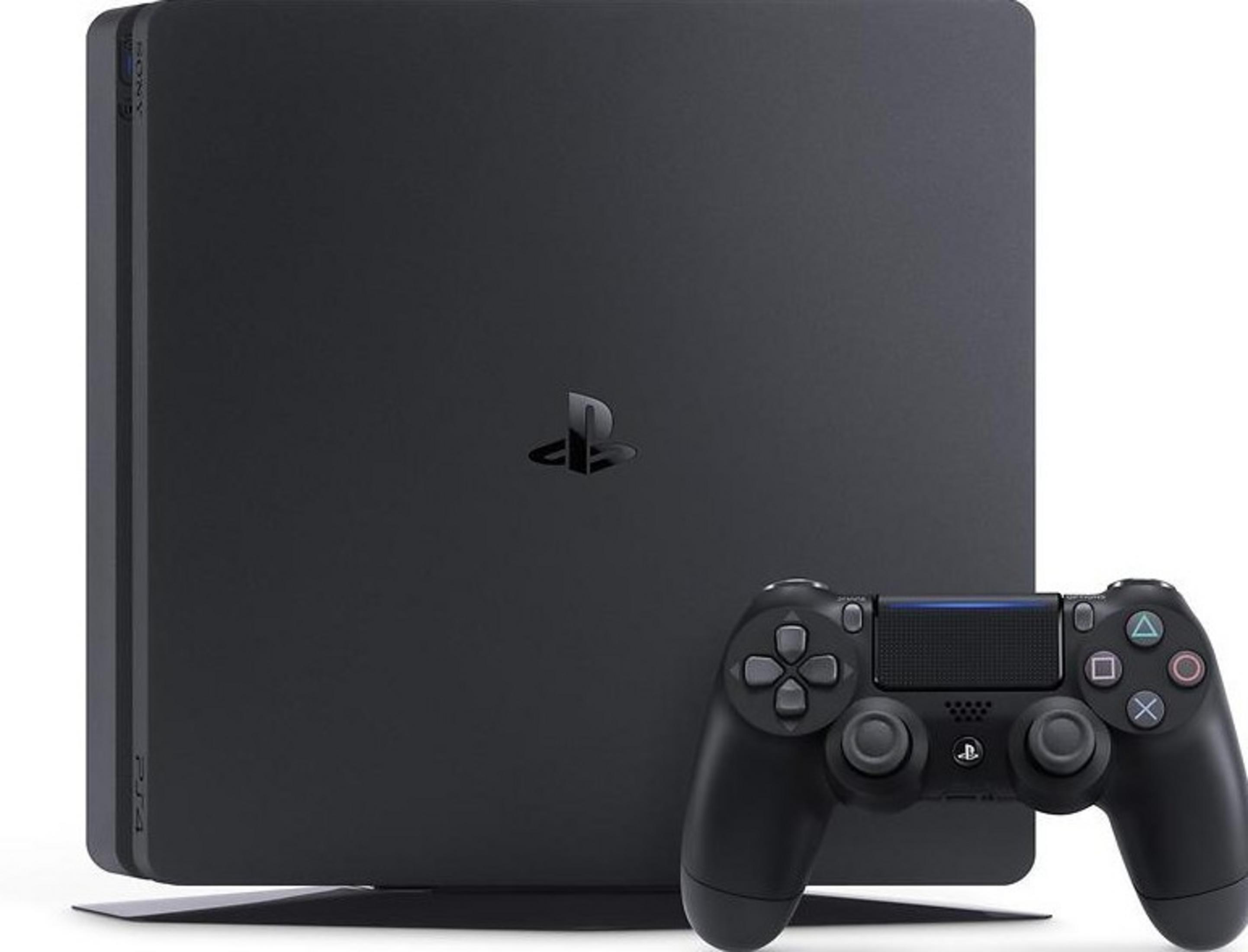 Schwarze PlayStation 4 Slim Konsole mit einem schwarzen DualShock 4 Controller.