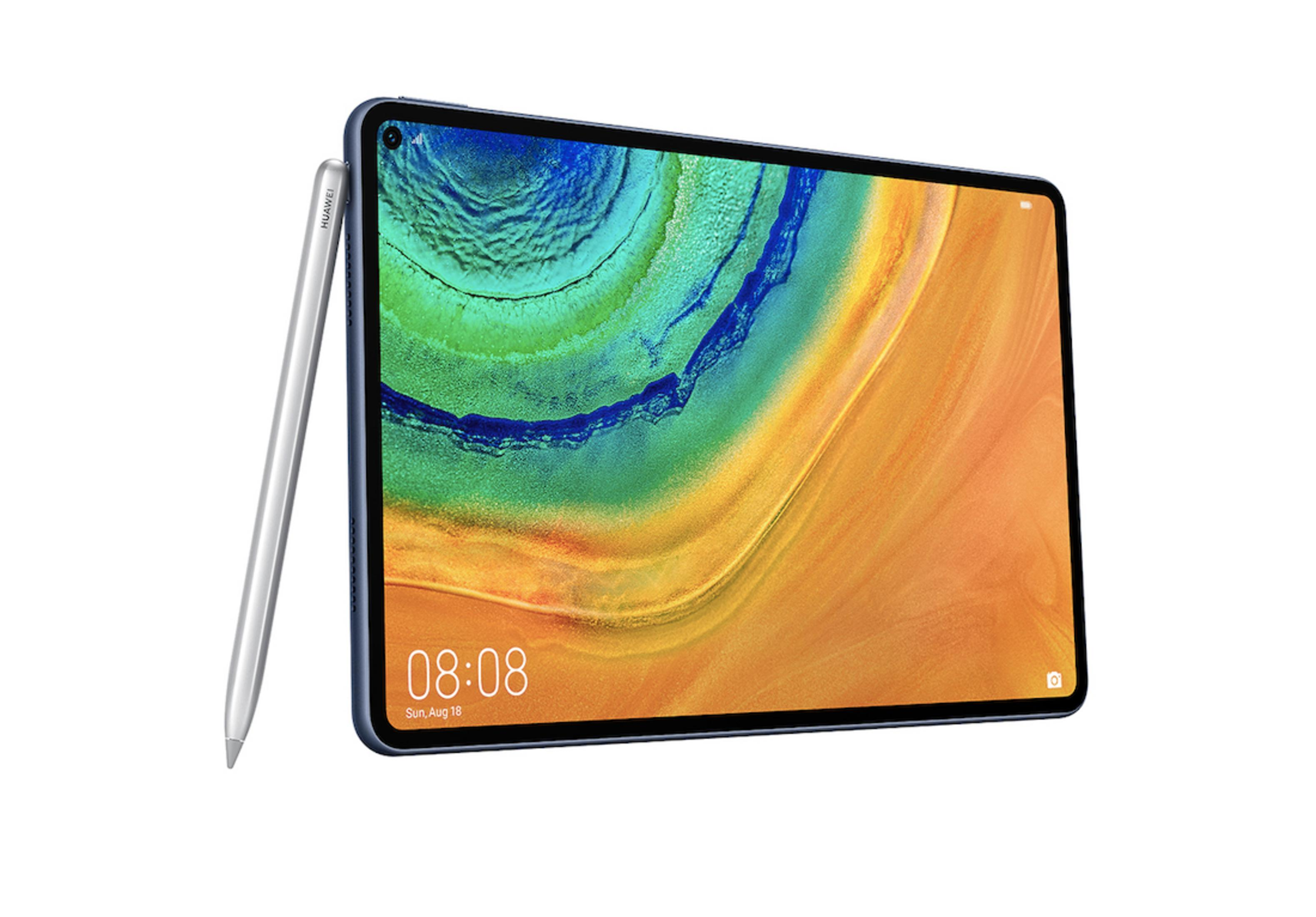 Ein silberner Stift liegt neben einem blauen Tablet mit bunter Tapete.
