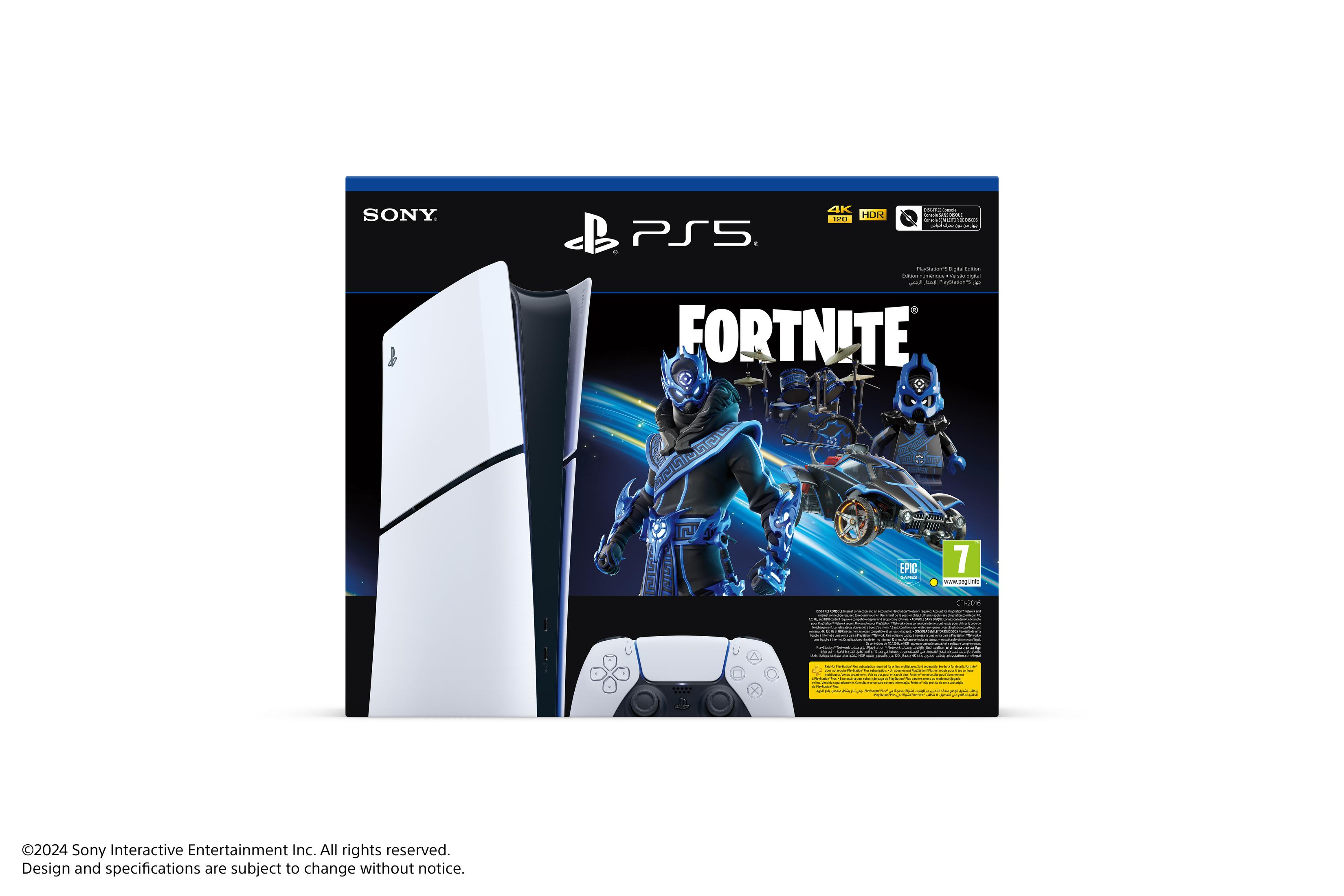 Fortnite tasarımlı PlayStation 5 Dijital Sürümü, kontrolcü ve oyun.