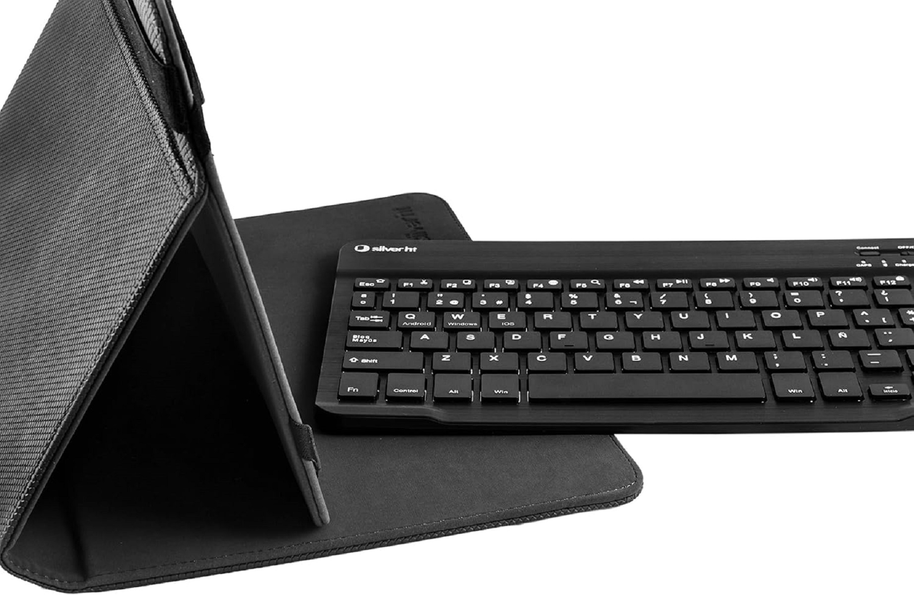 Una funda negra para tableta con teclado integrado.