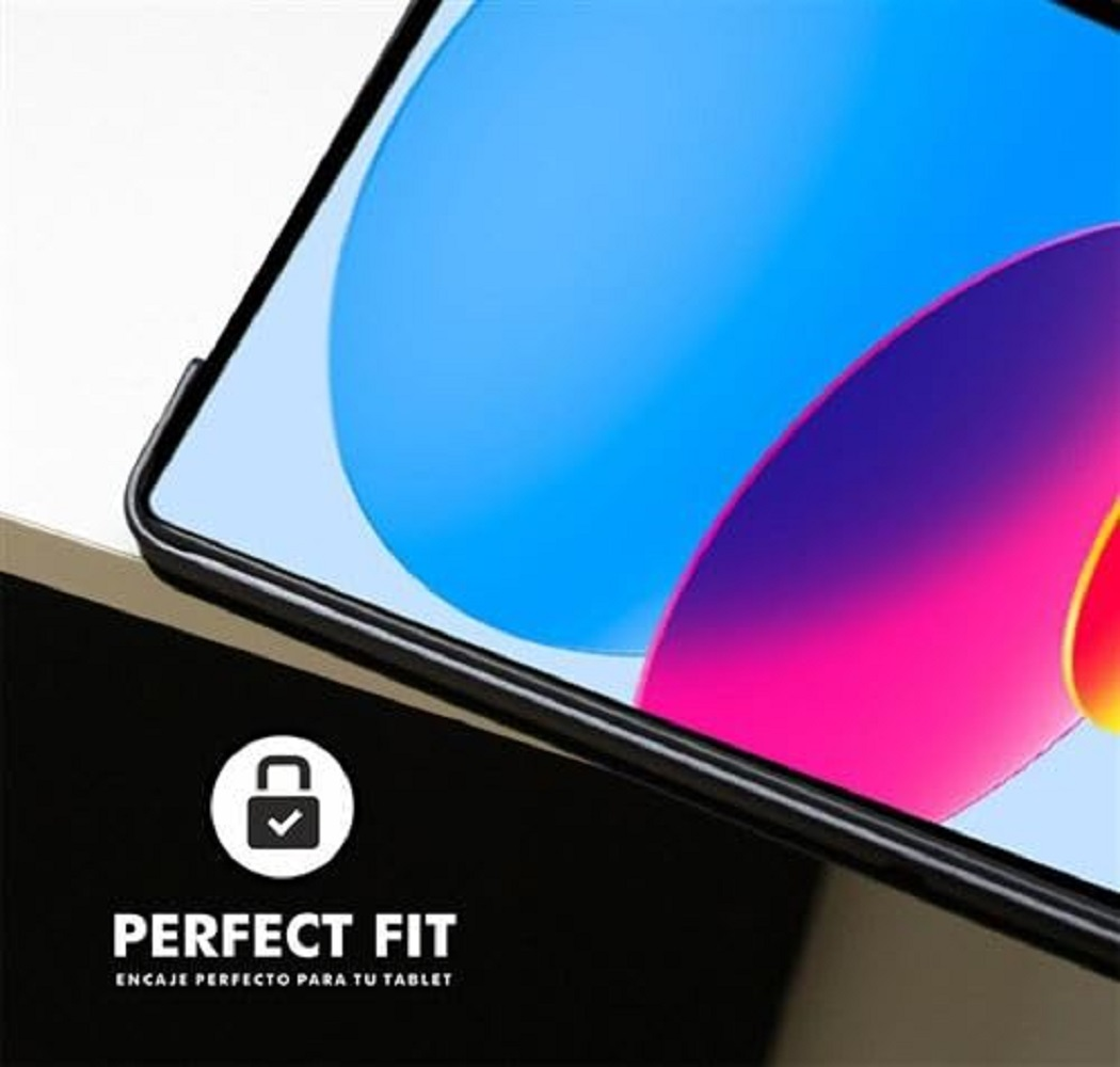Una tableta con fondo abstracto y logo 'Perfect Fit'.