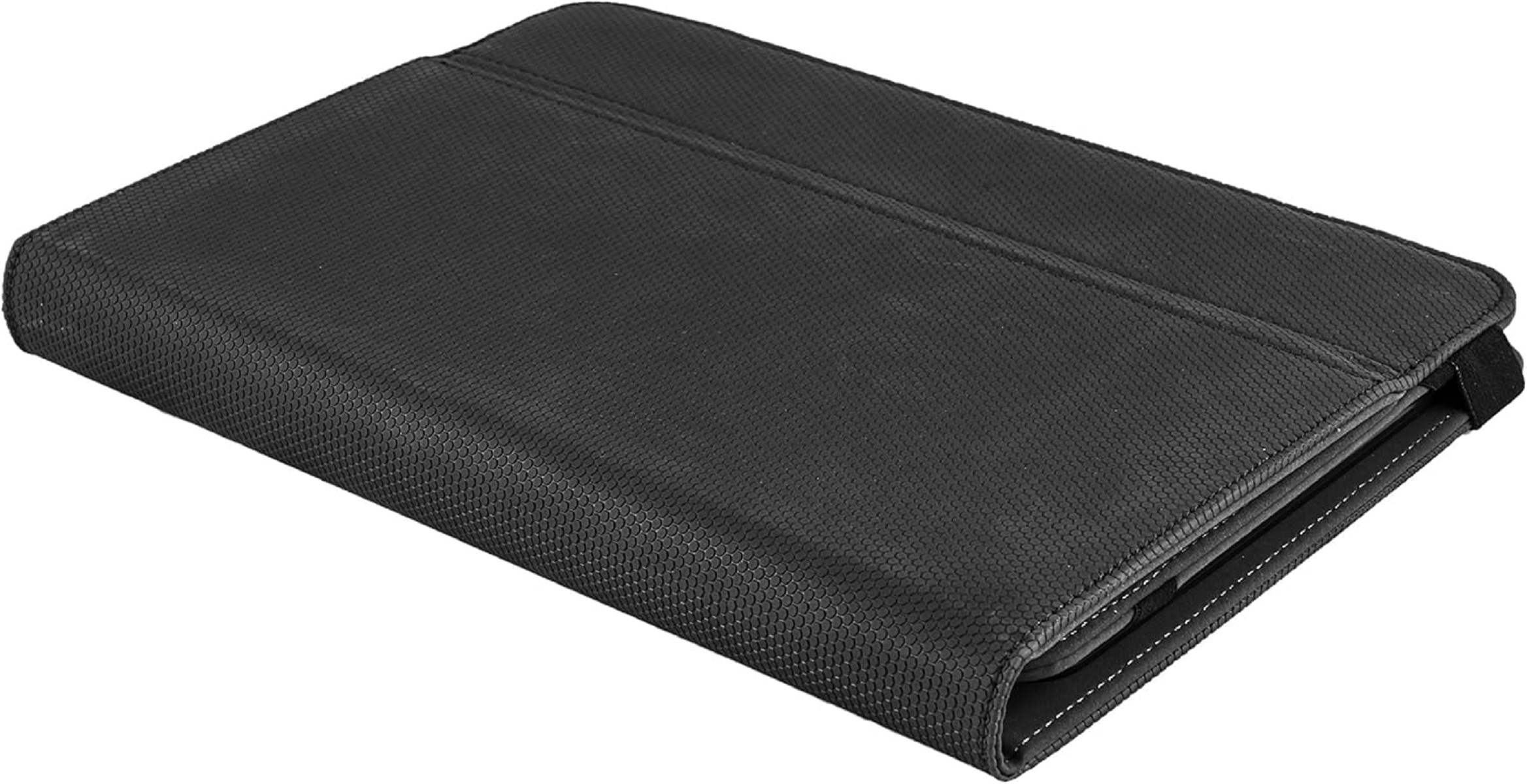 Funda negra para tableta con patrón de panal y costuras, sobre fondo blanco.