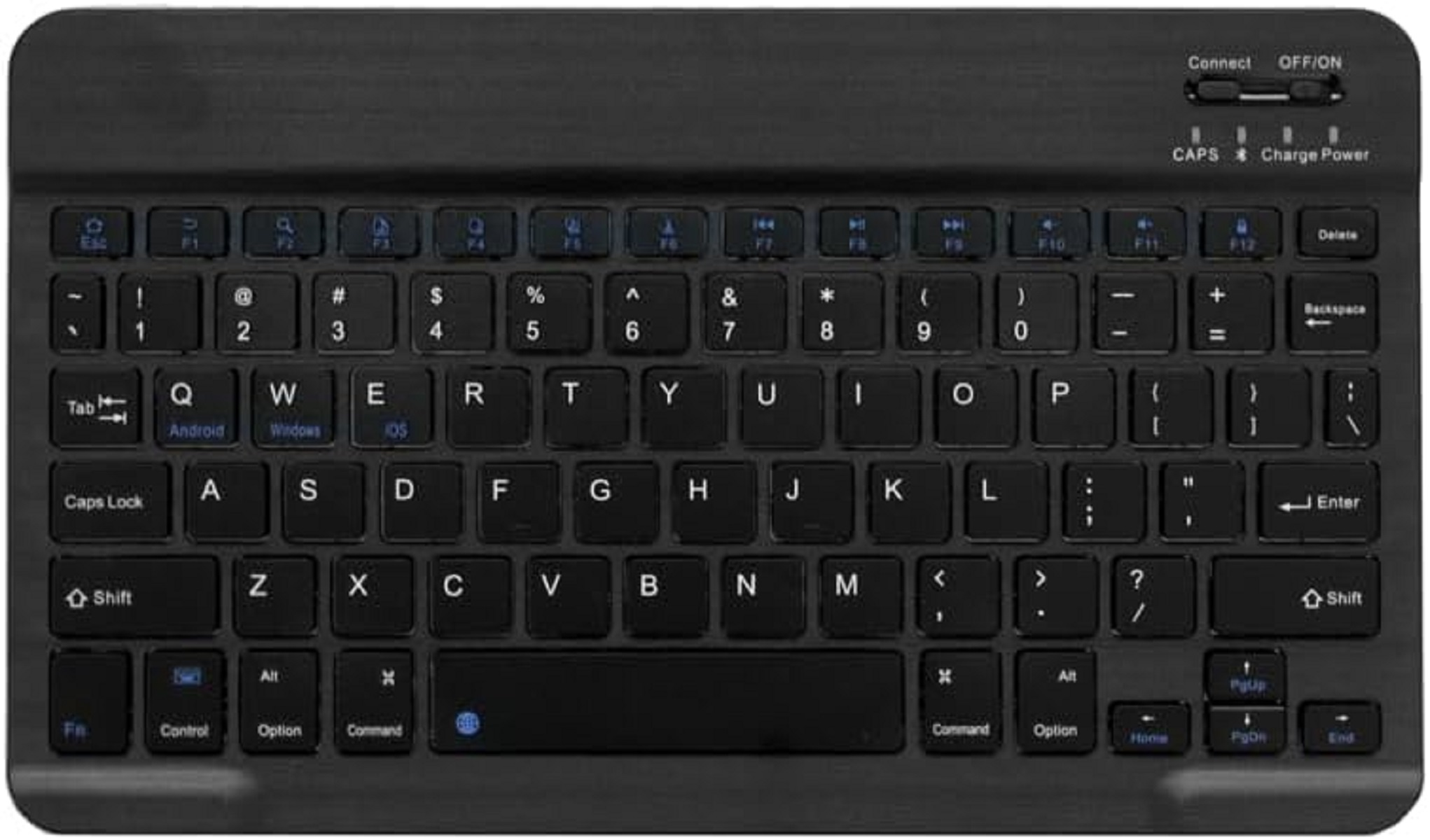 Teclado negro con teclas etiquetadas para números, letras y funciones.