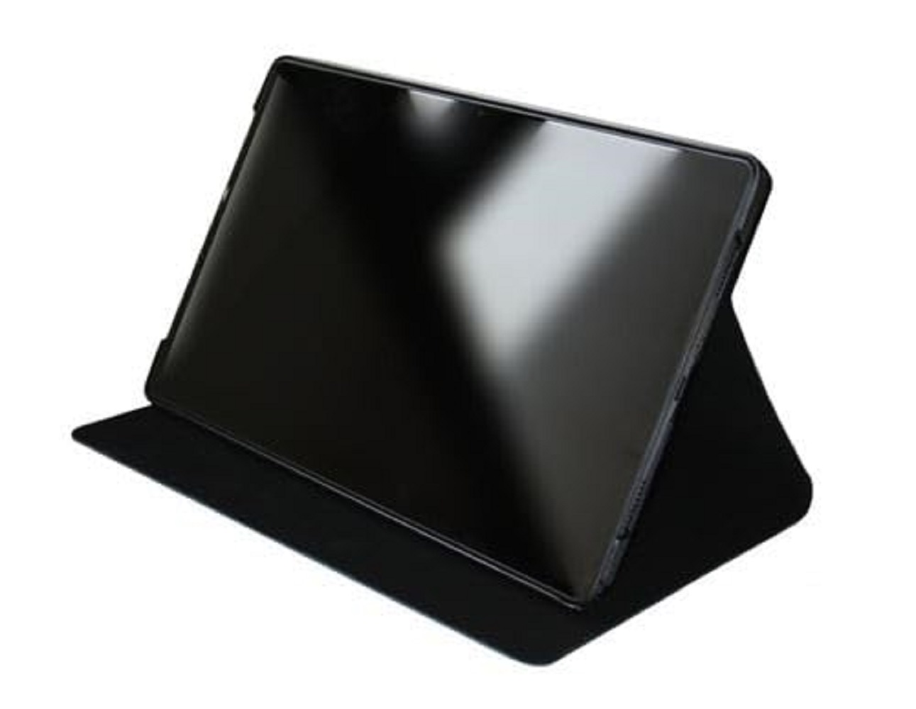 Una tableta negra en un estuche negro, sobre fondo blanco.