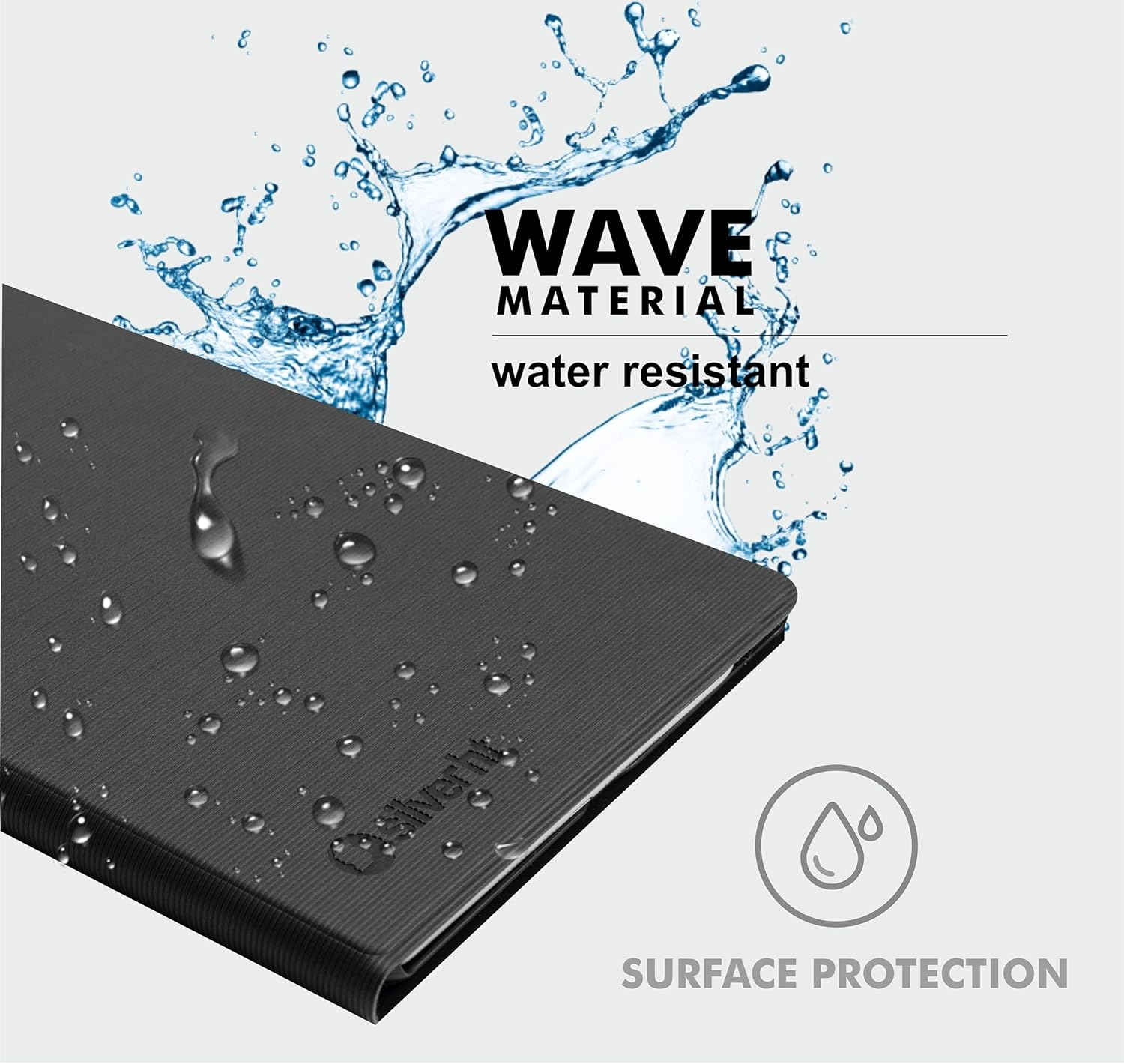 Material texturizado gris con gotas de agua y texto. Protección de superficie.