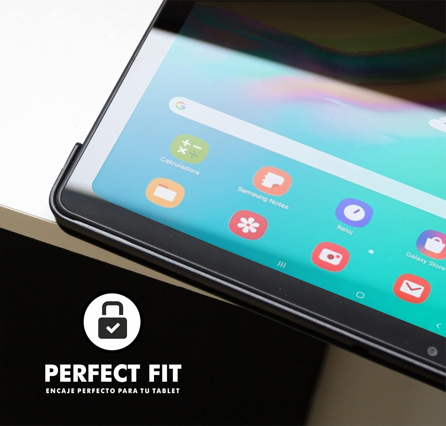 Una tableta mostrando apps como Google, Calculadora y Samsung Notes.