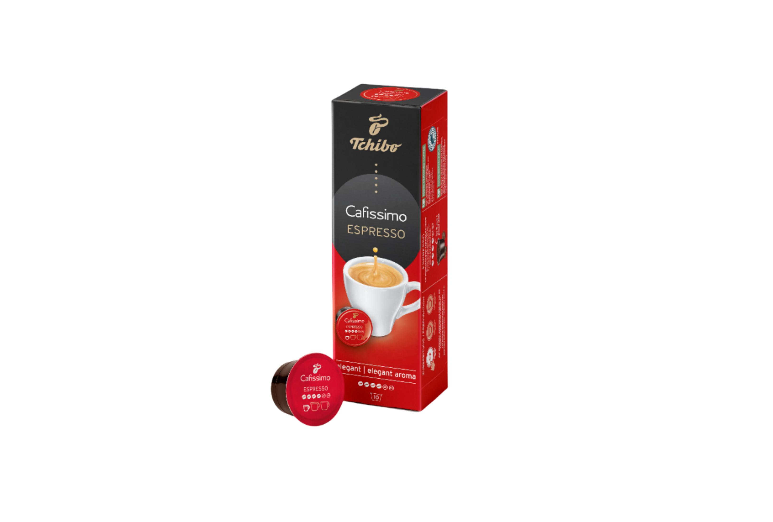 Capsule di caffè Tchibo Cafissimo Espresso su scatola rossa con tazza.