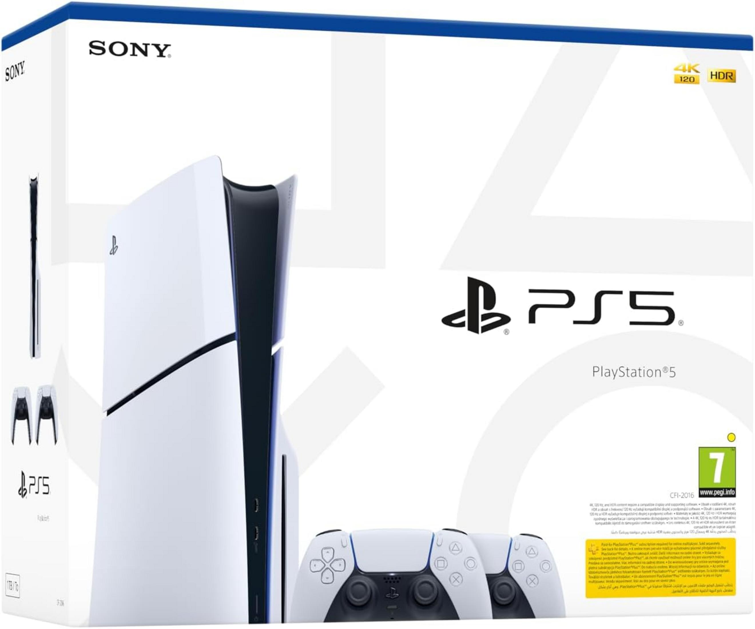 Console PlayStation 5 con due controller sulla confezione.