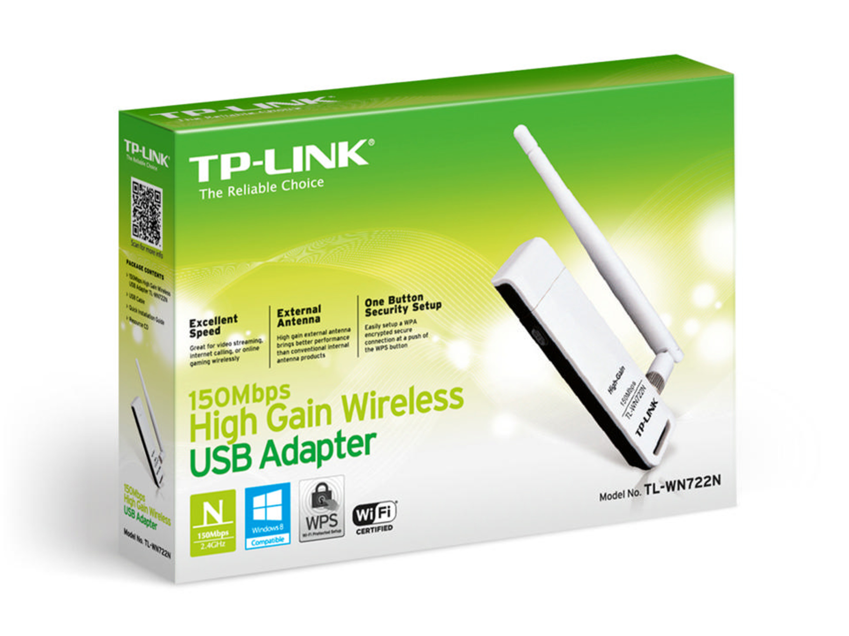 Emballage adaptateur USB sans fil TP-Link 150Mbps High Gain avec image du produit.