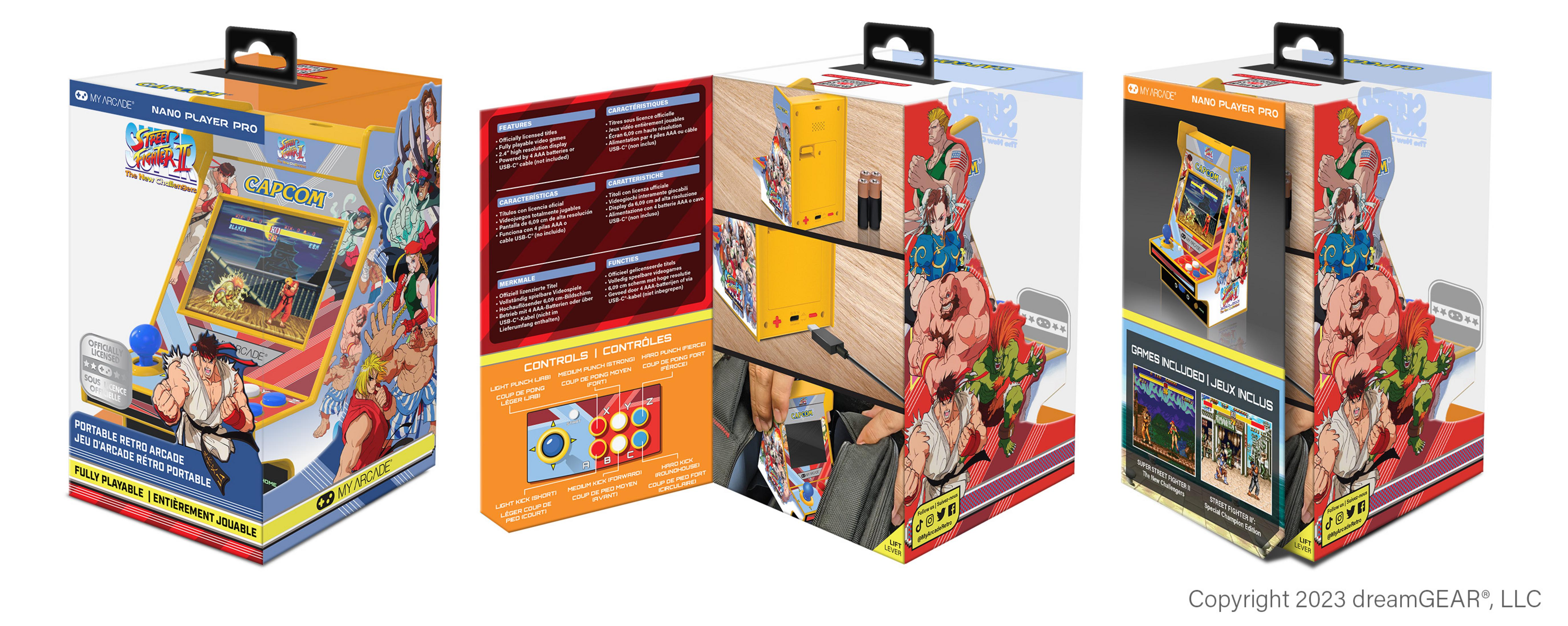 Opakowanie konsoli Nano Arcade Street Fighter II z grafiką postaci.