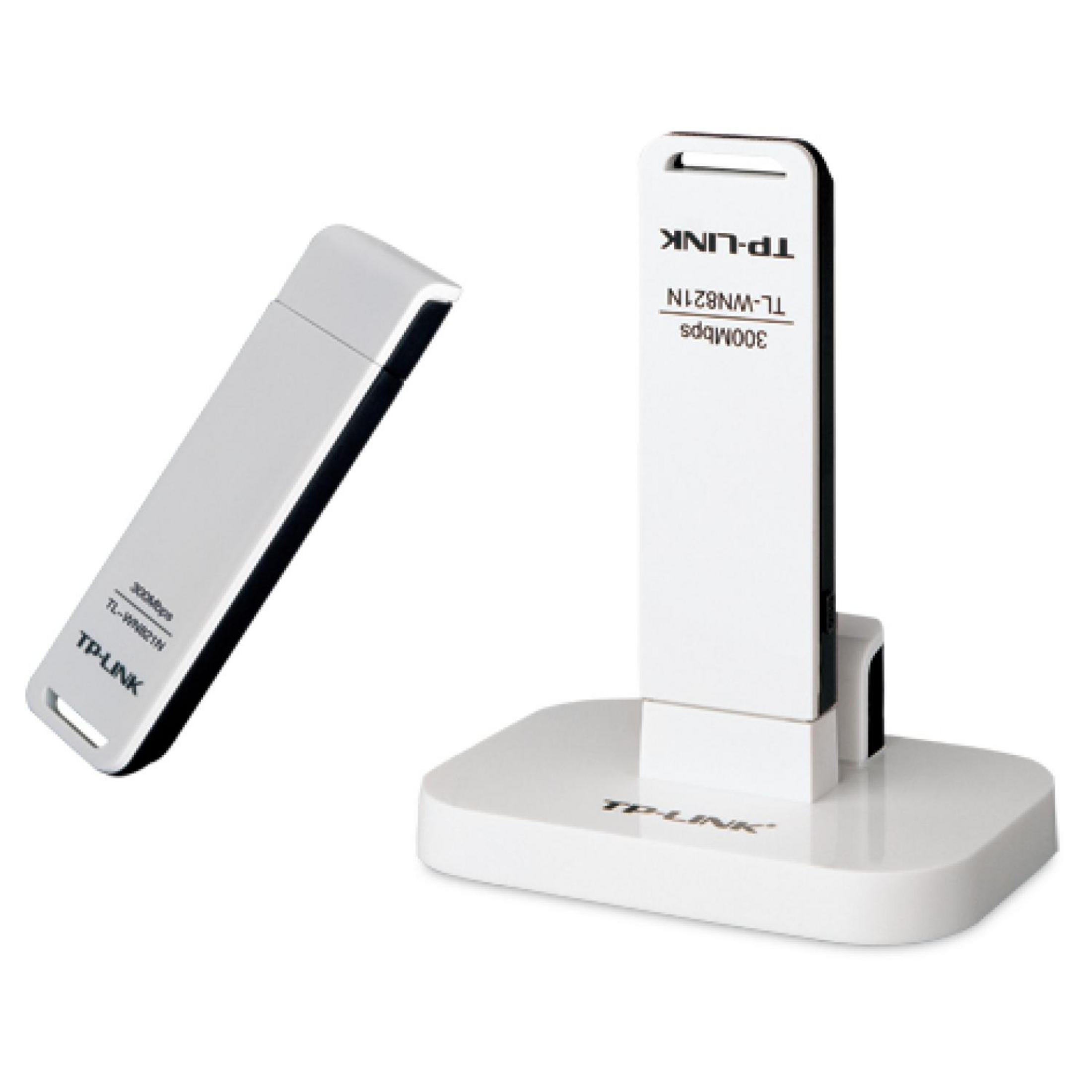 Two white TP-Link WiFi adapters, one on a stand, on a white background.