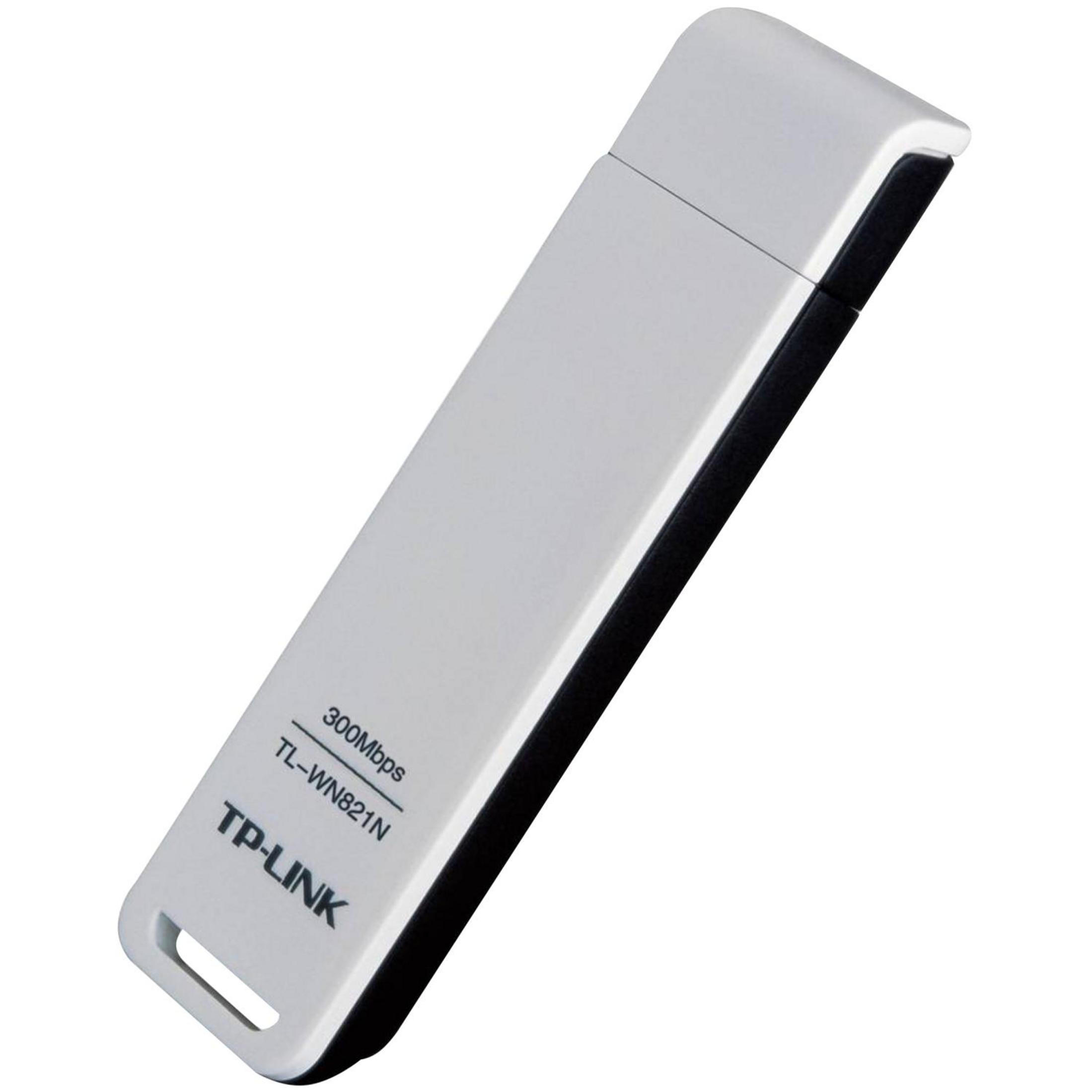 A white TP-Link WiFi adapter with a black edge. Model TL-WN821N.