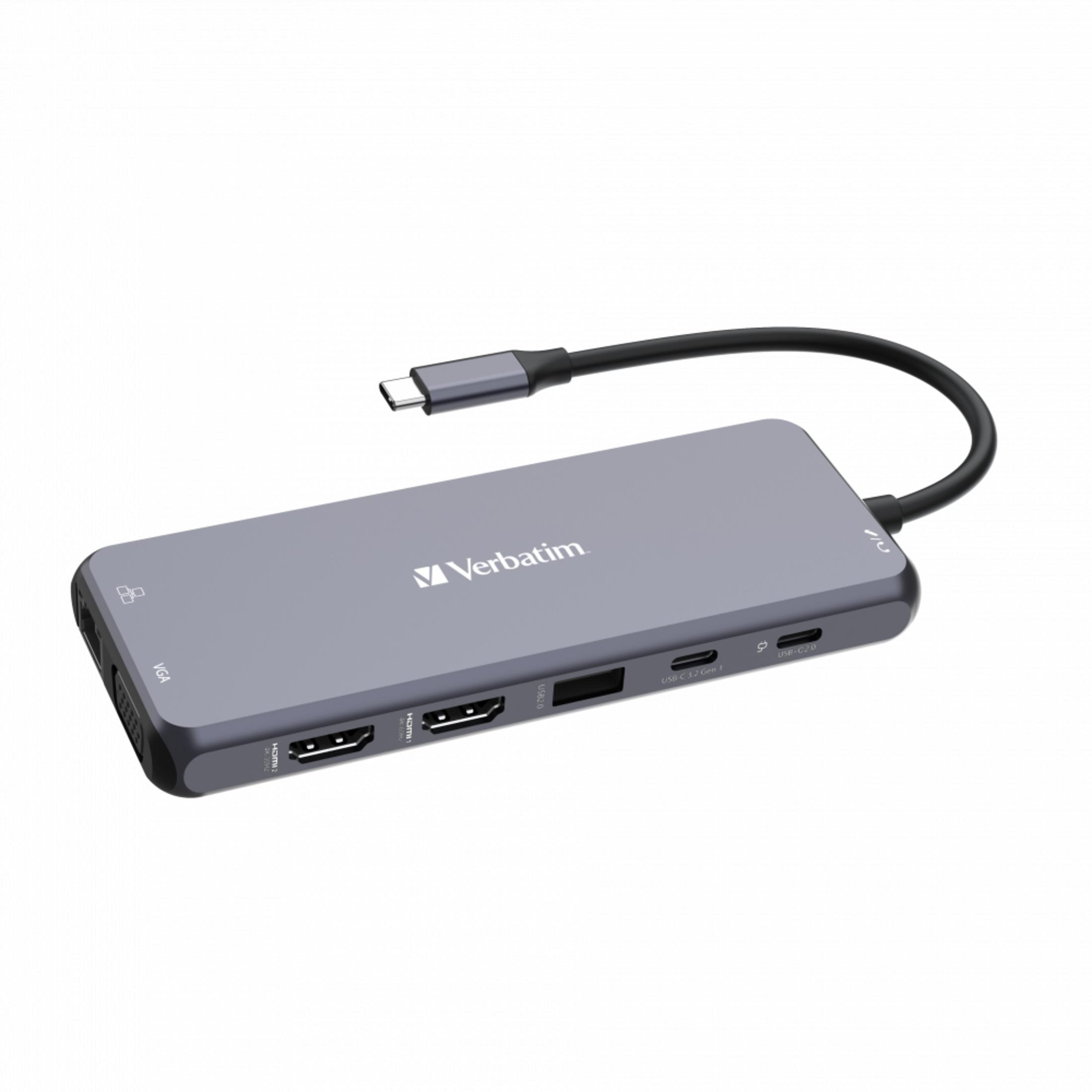 Hub USB-C Verbatim grigio con porte HDMI, VGA e USB.