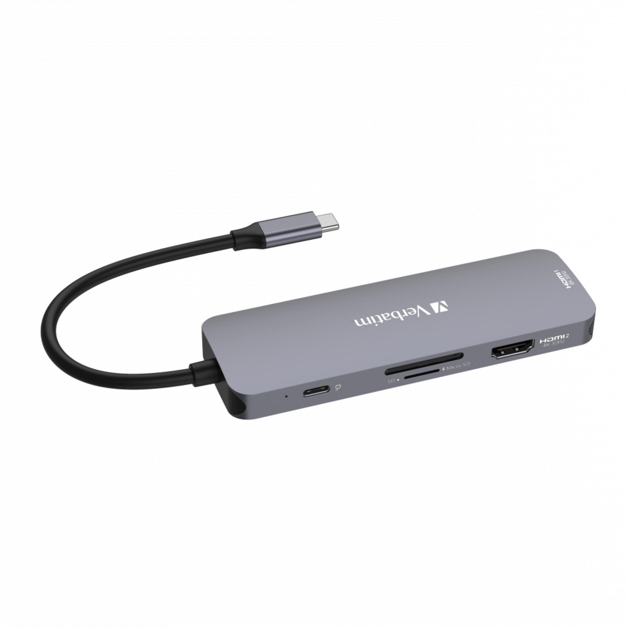 Hub USB-C Verbatim grigio con slot SD, Micro SD, USB-C e porte HDMI.