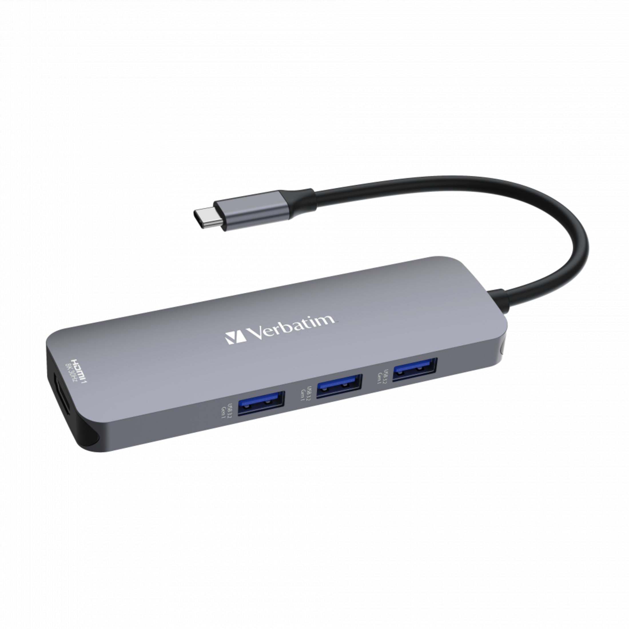 Hub USB-C grigio con porta HDMI e tre porte USB 3.2 Gen 1.
