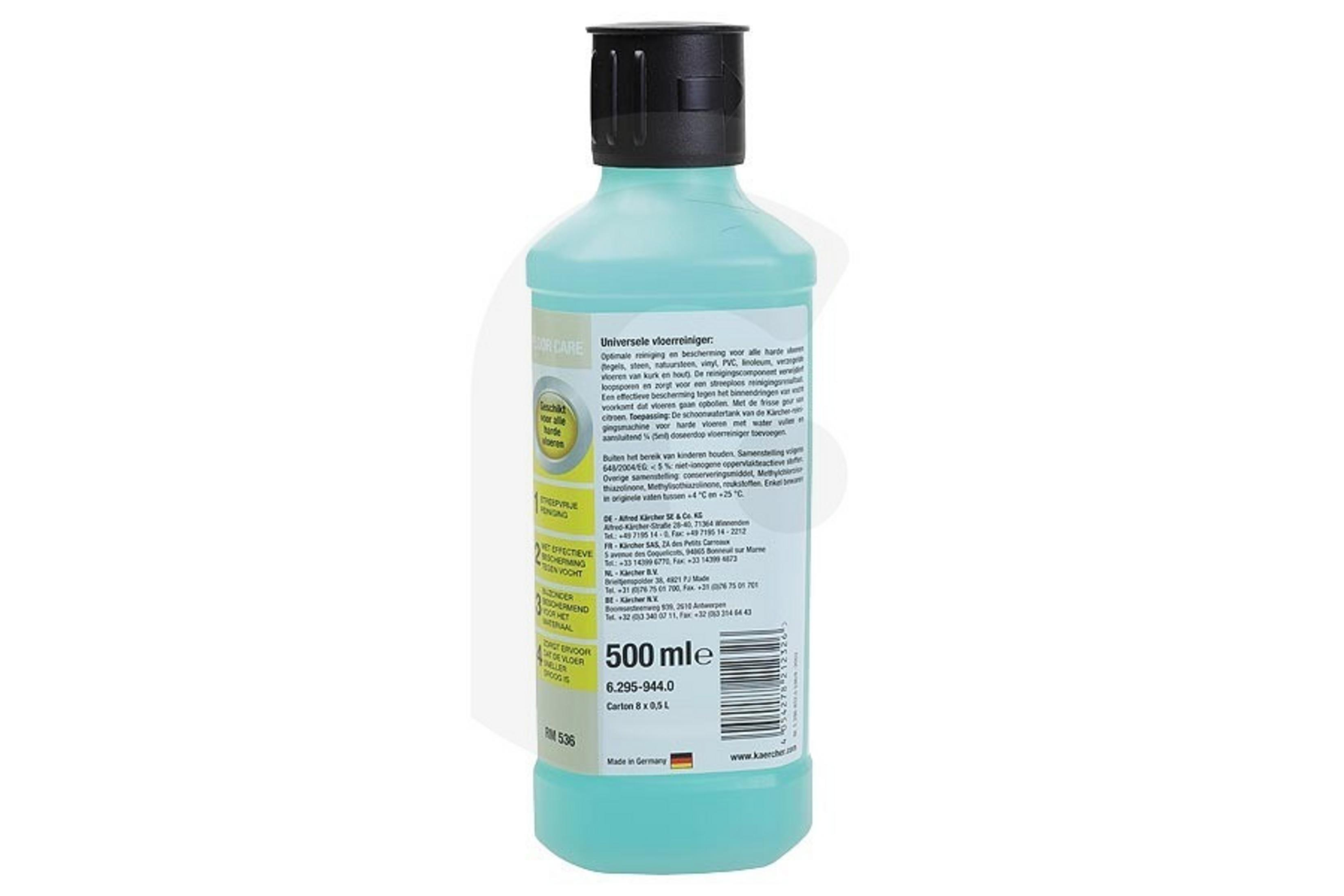 Eine Flasche mit türkisfarbener Flüssigkeit und schwarzem Deckel, 500 ml, für Bodenpflege.