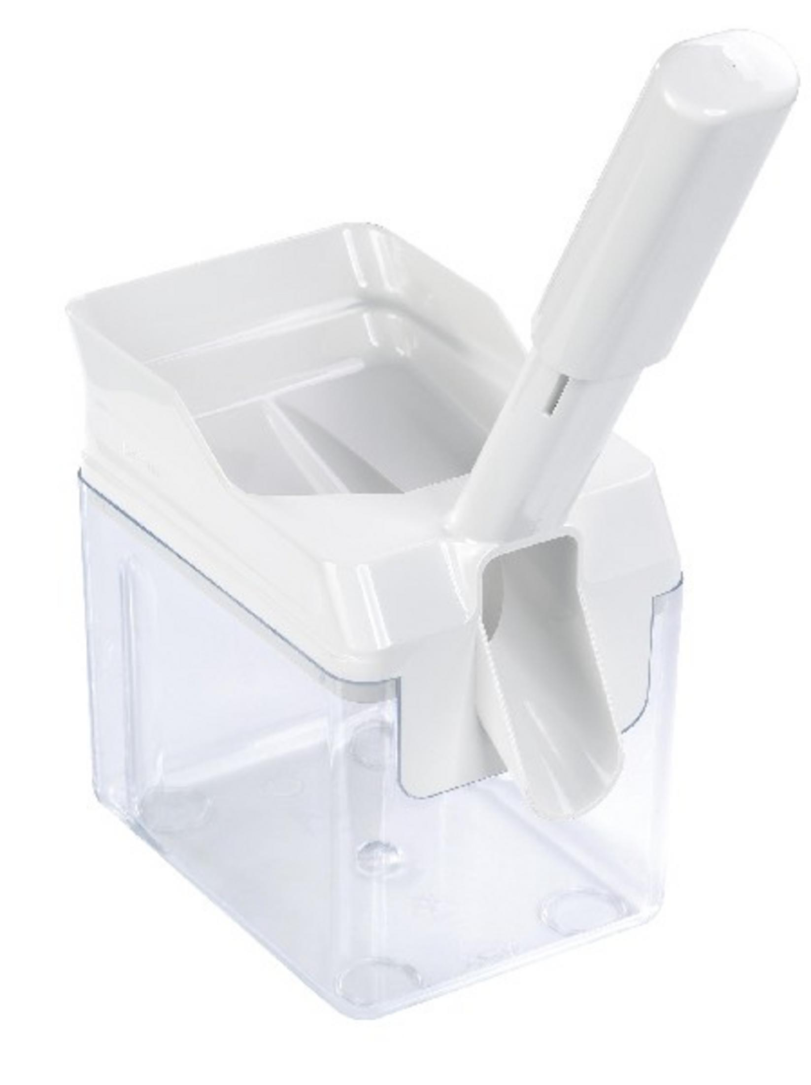 Biały pojemnik z uchwytem do mielenia przypraw.