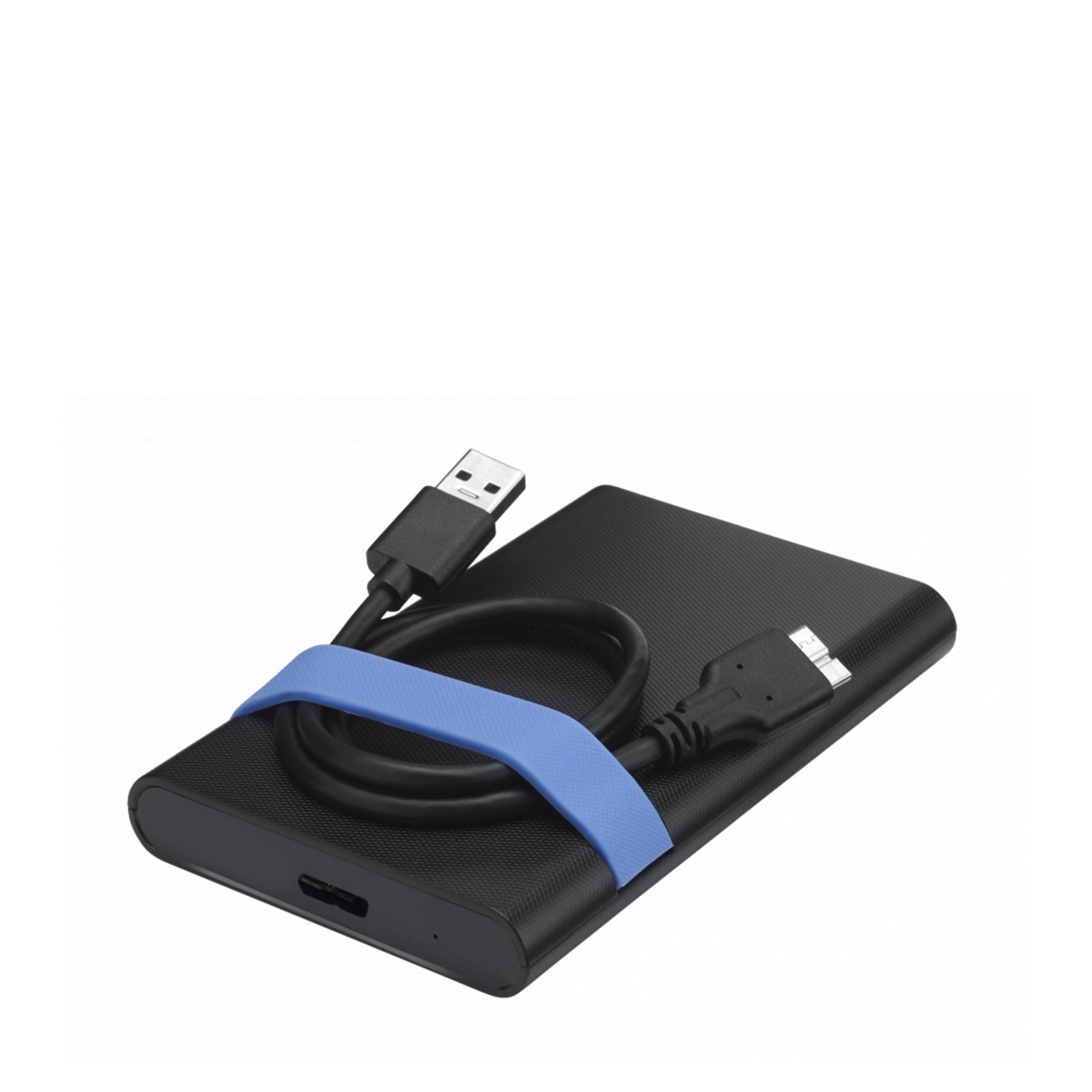 Czarny zewnętrzny dysk twardy z niebieskim paskiem i kablem USB.
