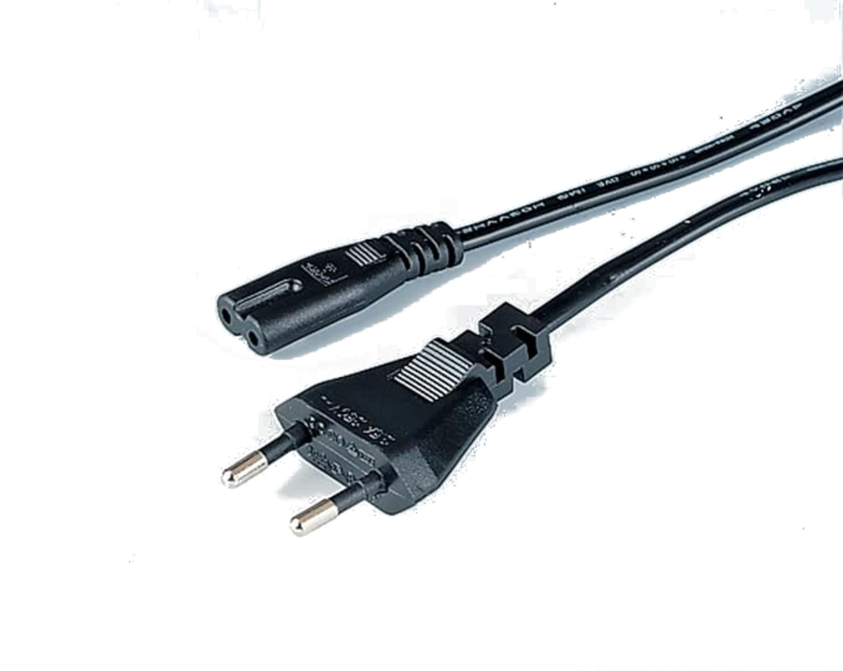 Czarny kabel zasilający z wtyczką europejską i złączem C7.