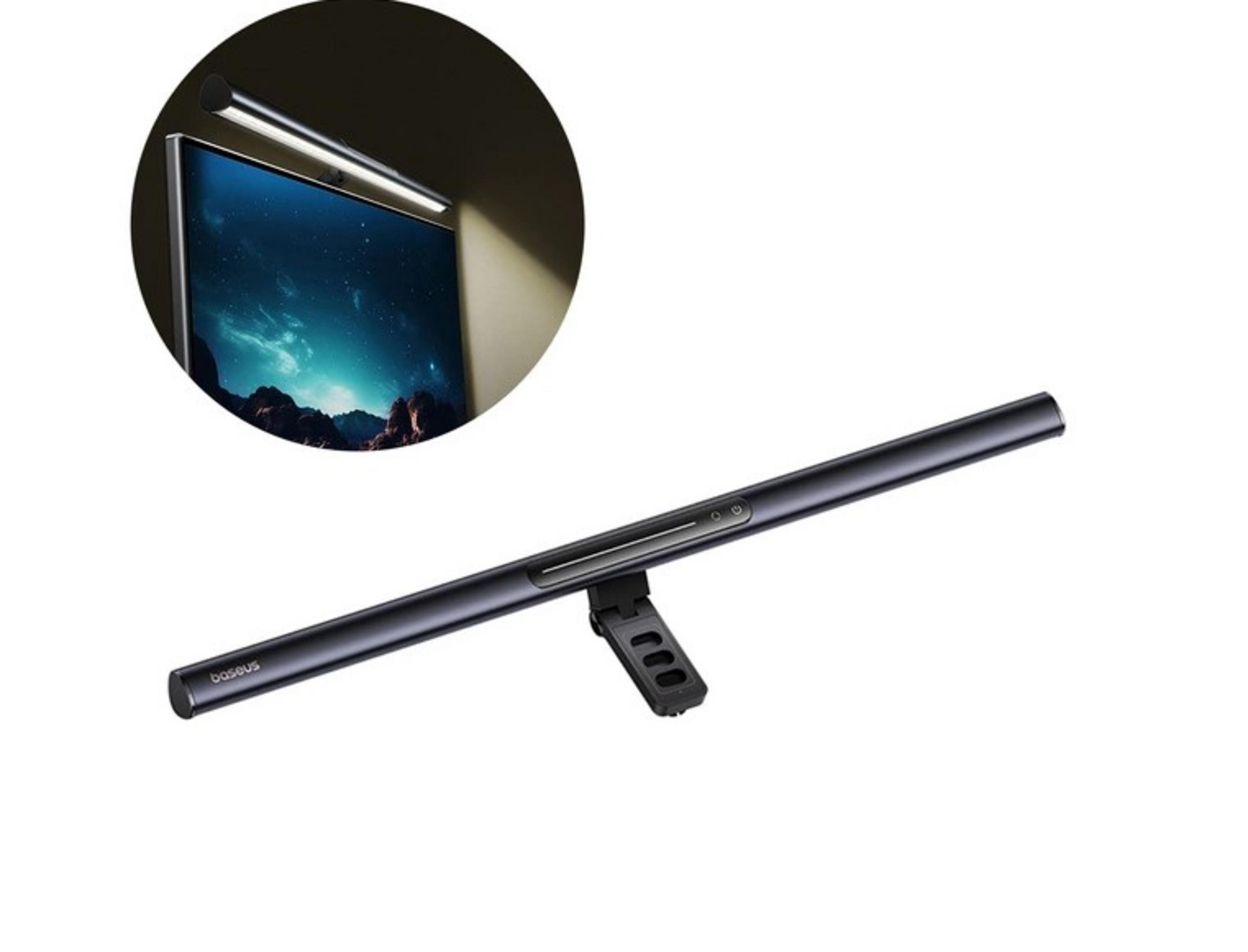 Een slanke, donkere monitorlamp met clipbevestiging, die een scherm verlicht.