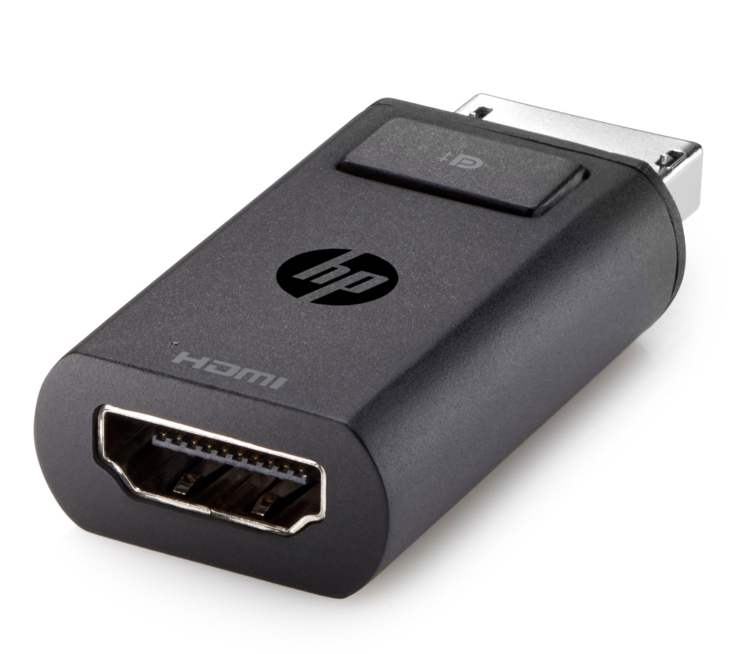 Czarny adapter HP HDMI ze złączem DisplayPort.
