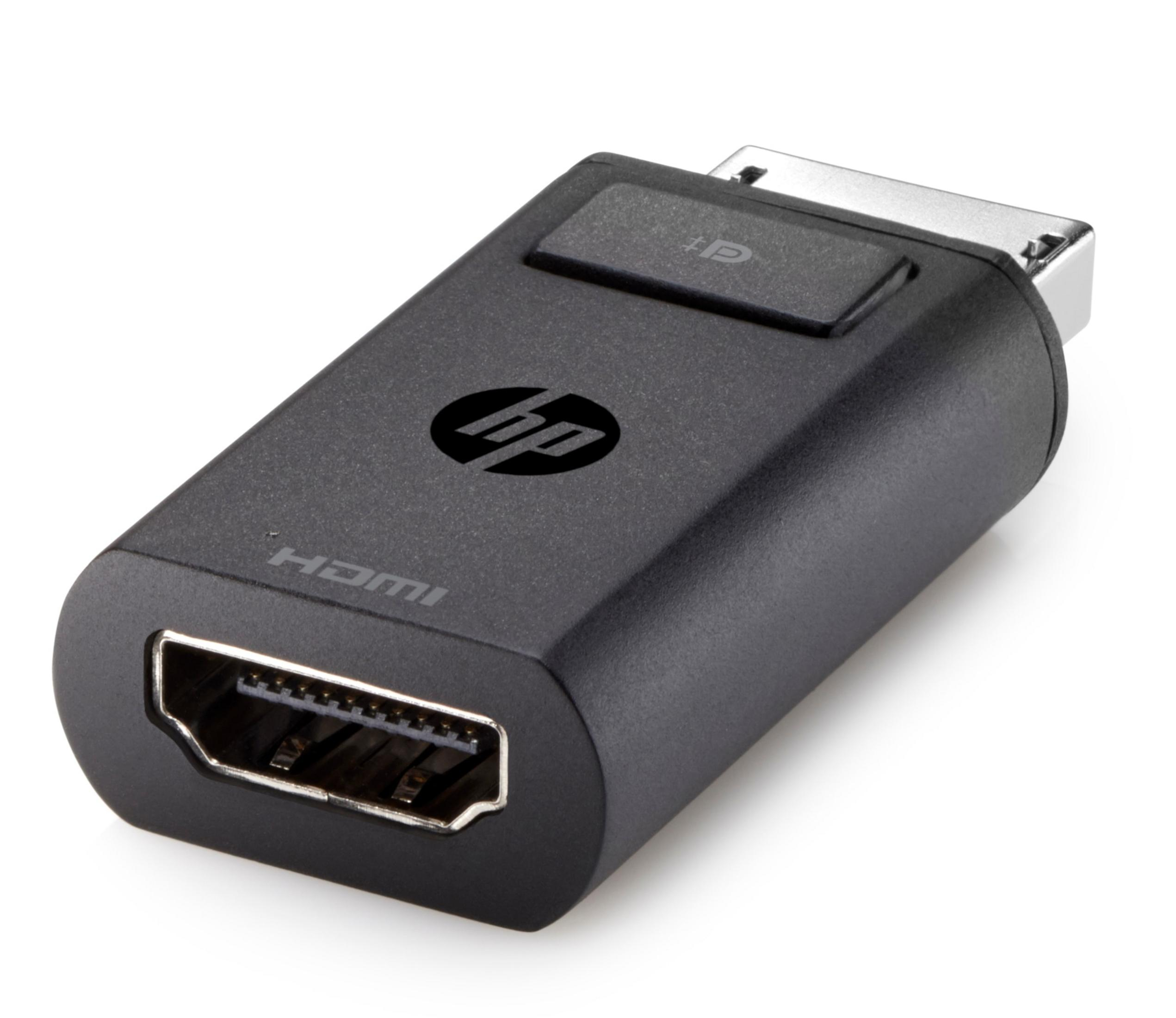 Czarny adapter HP HDMI z portem HDMI i złączem DisplayPort.