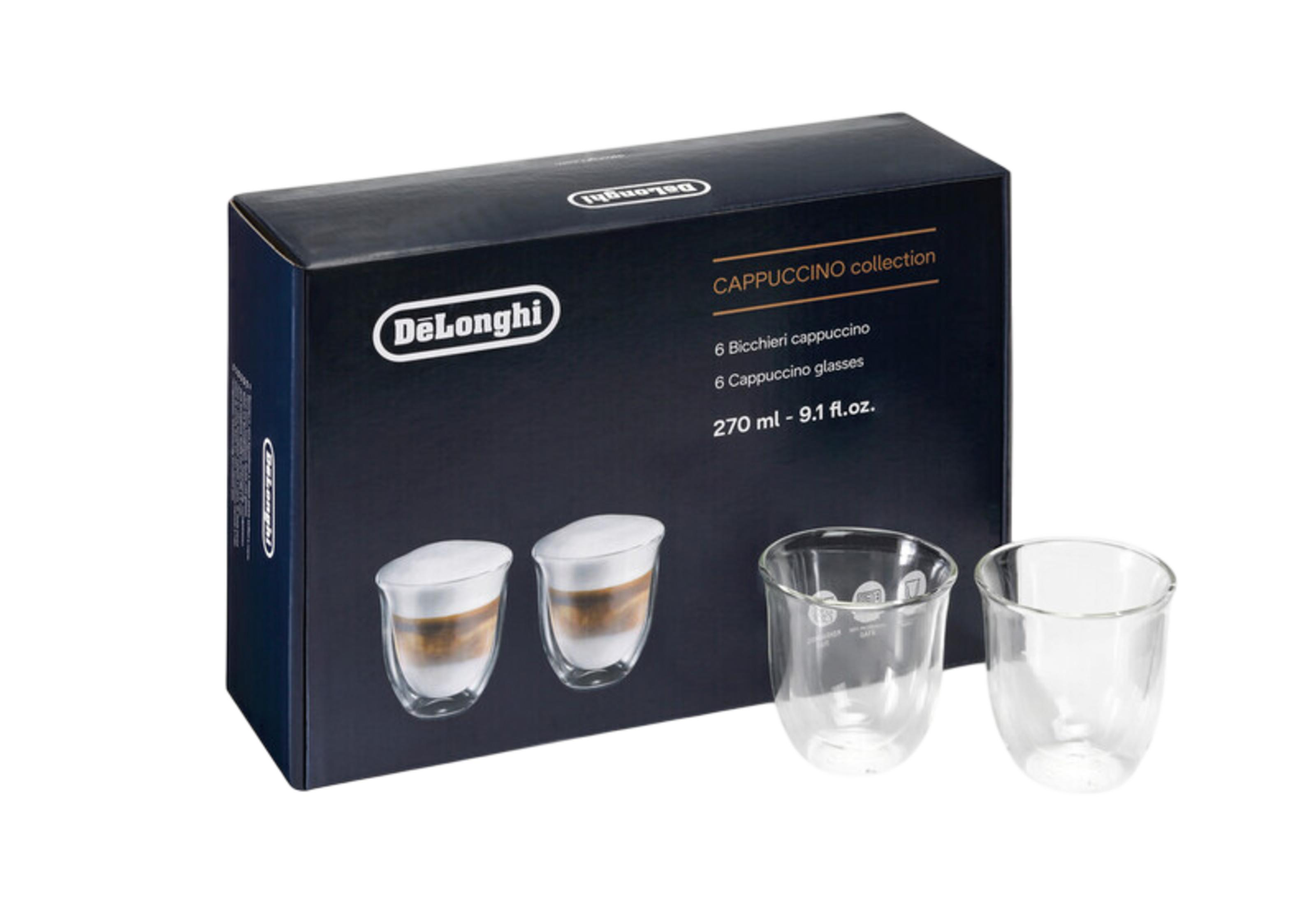 DeLonghi kapuçino bardakları kutusu, önünde iki dolu bardak.
