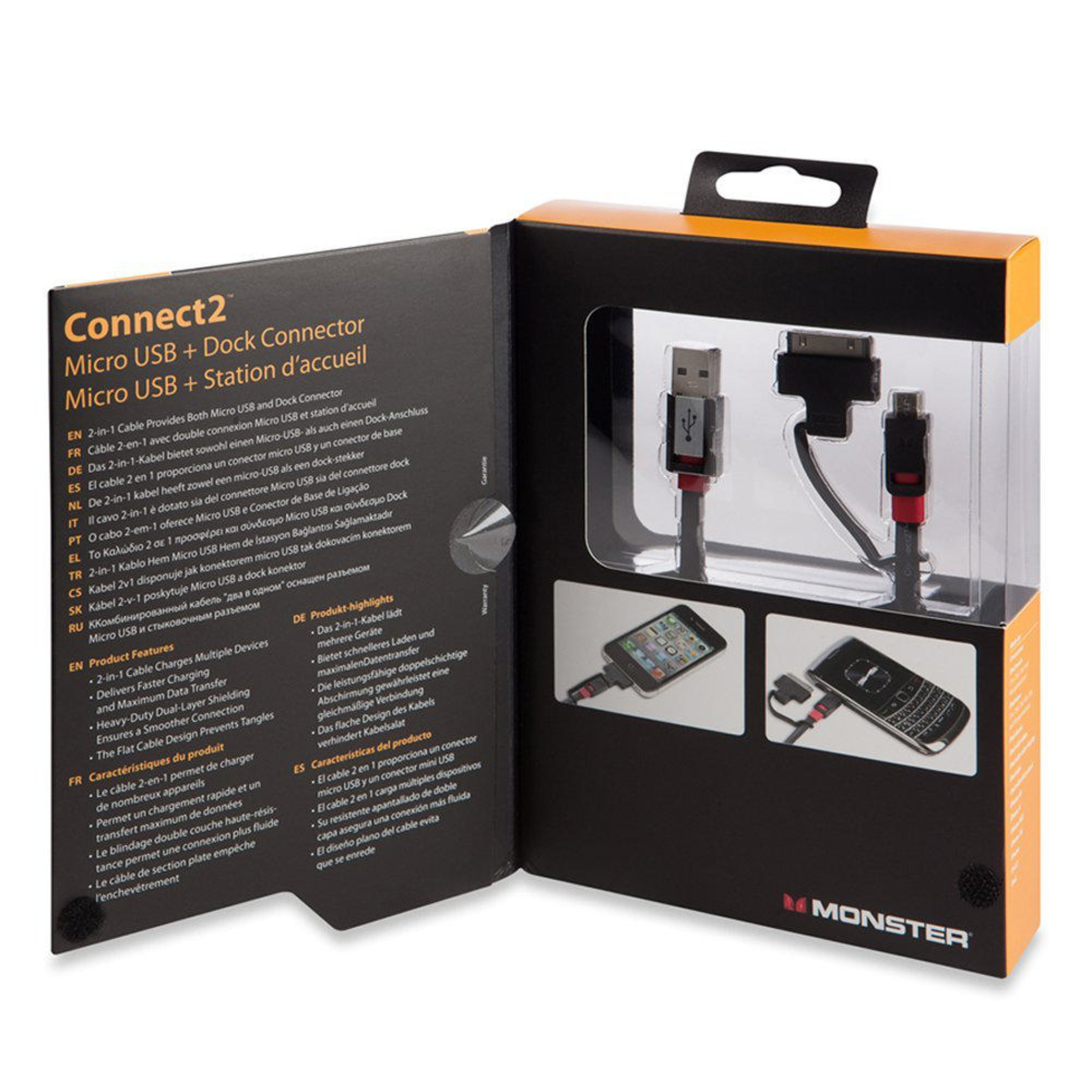 Verpackung eines Connect2 Micro USB + Dock Connector Kabels. Mit Bildern von Kabeln und Geräten.