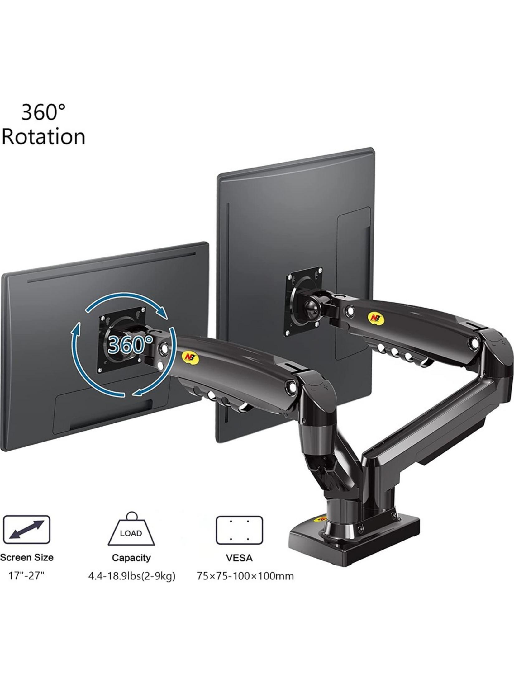 İki monitörlü siyah monitör kolu, 360° dönüş, 17-27 inç ekran boyutu.