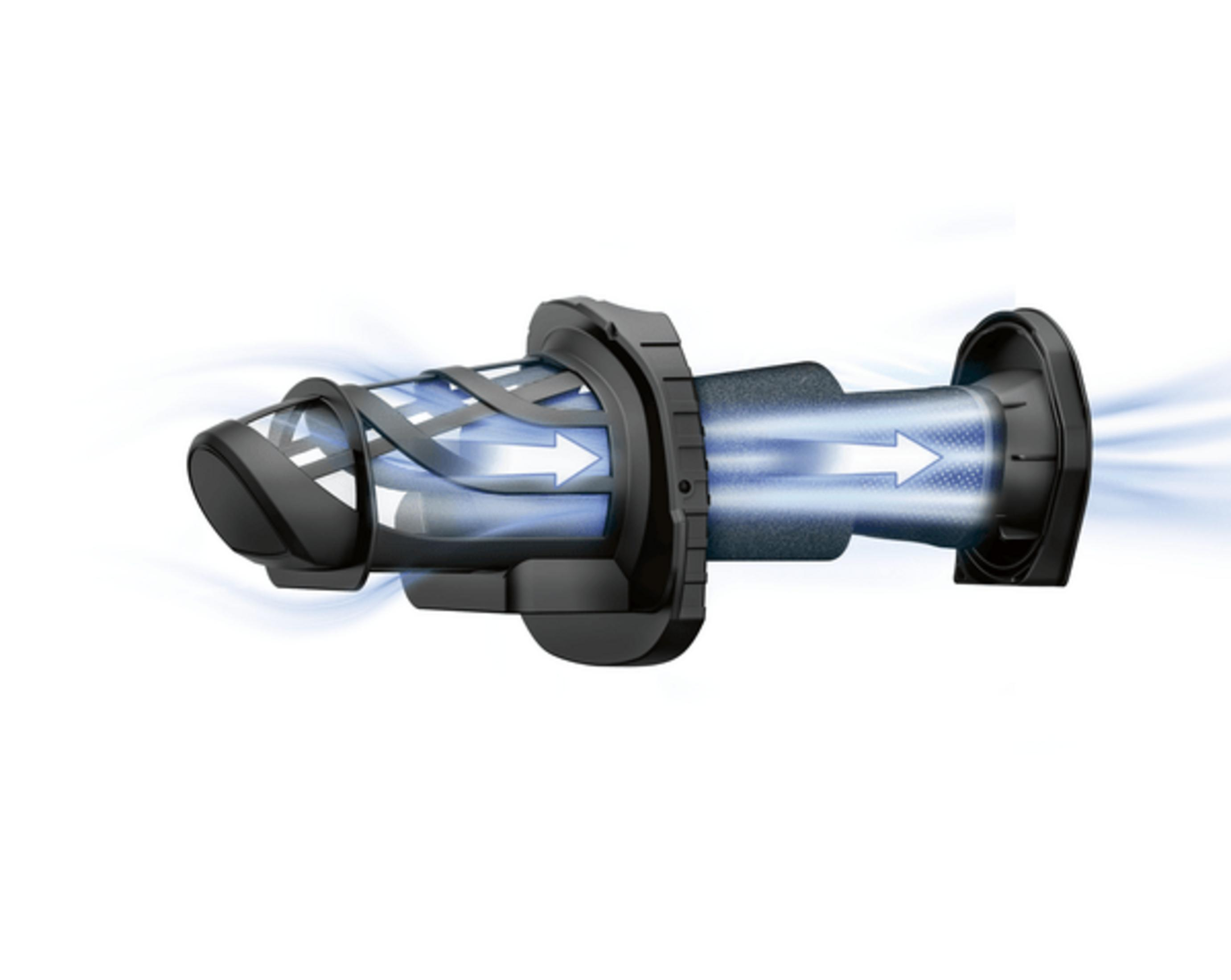Un filtro de aire negro con flechas azules que indican la dirección del flujo de aire.