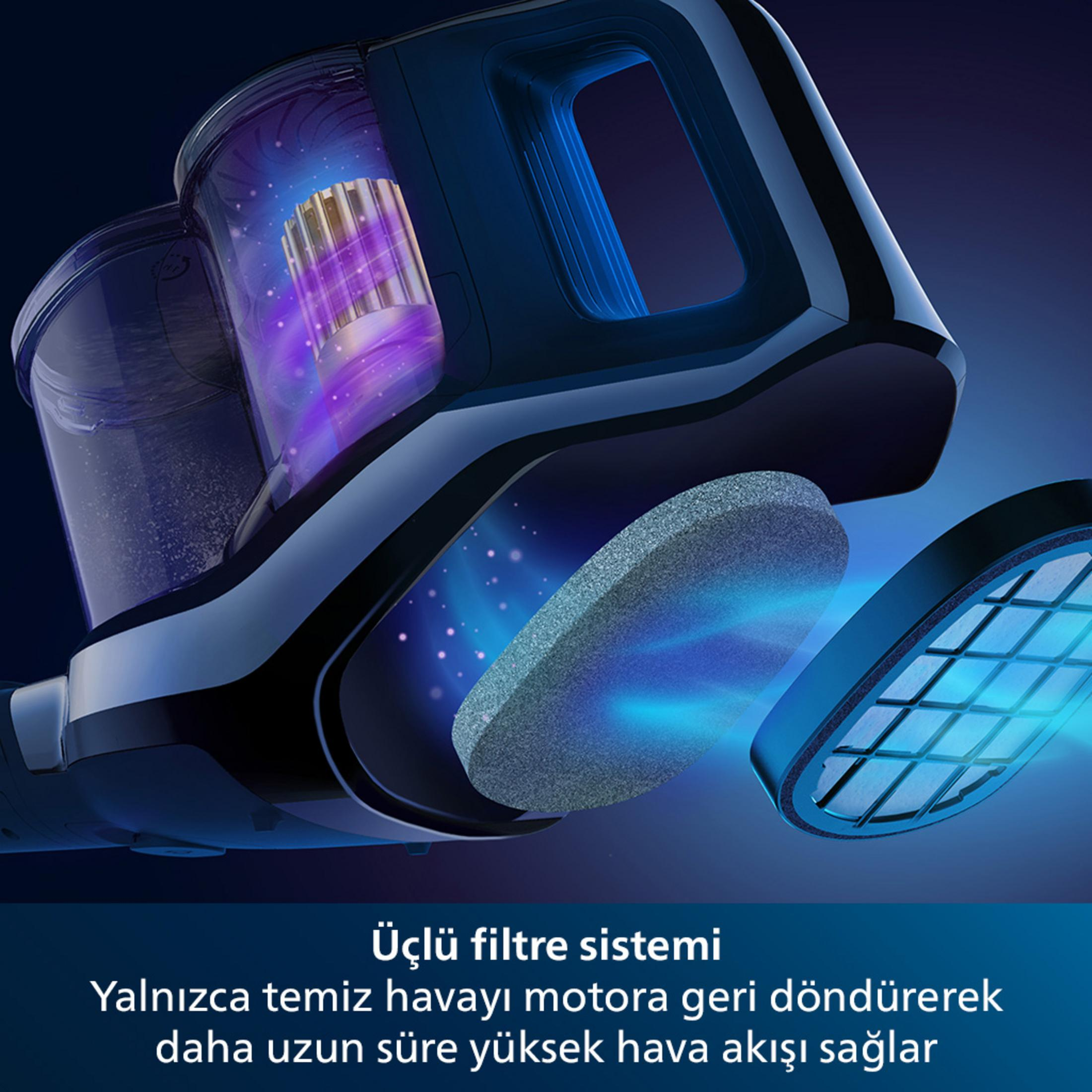 Mavi ışık efektli elektrikli süpürge filtresinin yakın çekimi.