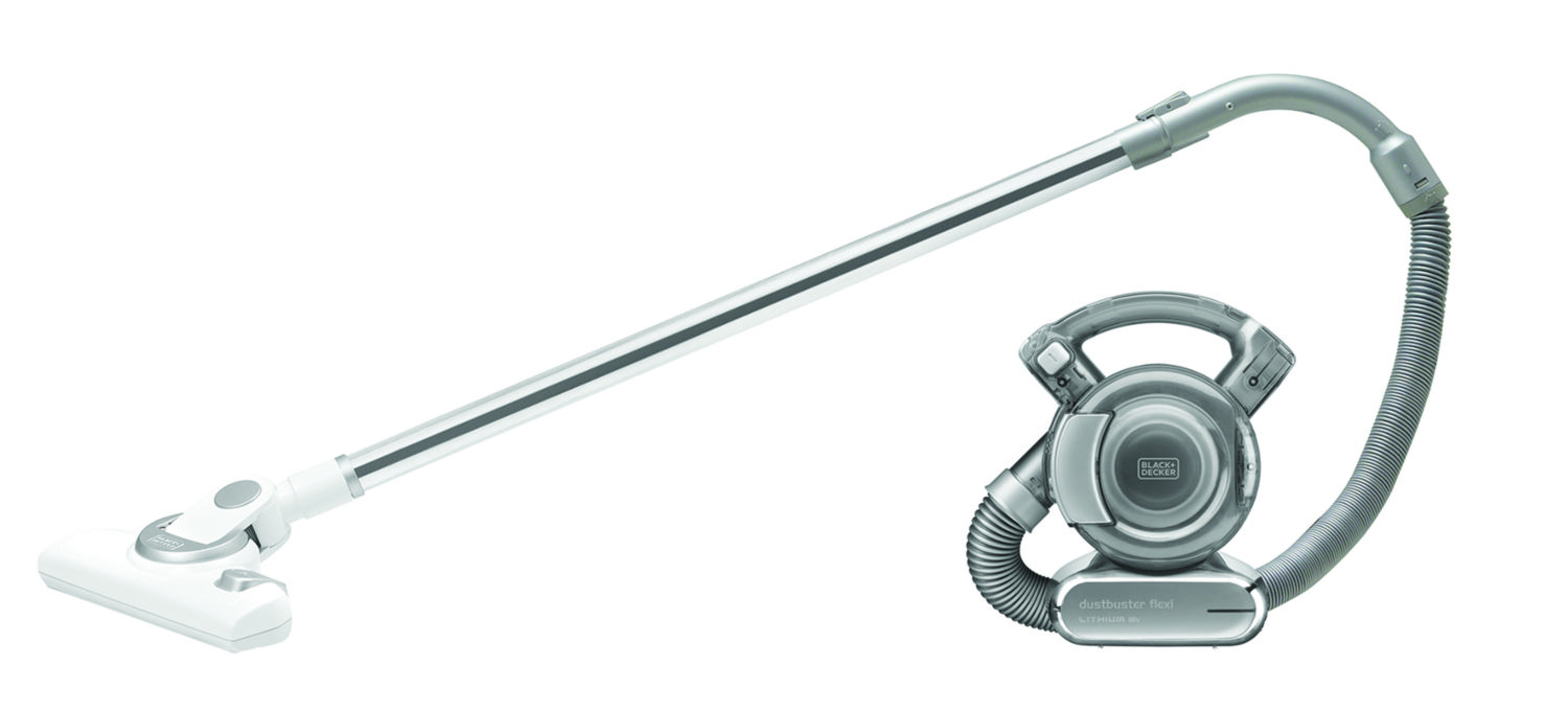 Srebrny odkurzacz ręczny z białym ssawką i elastycznym wężem.
