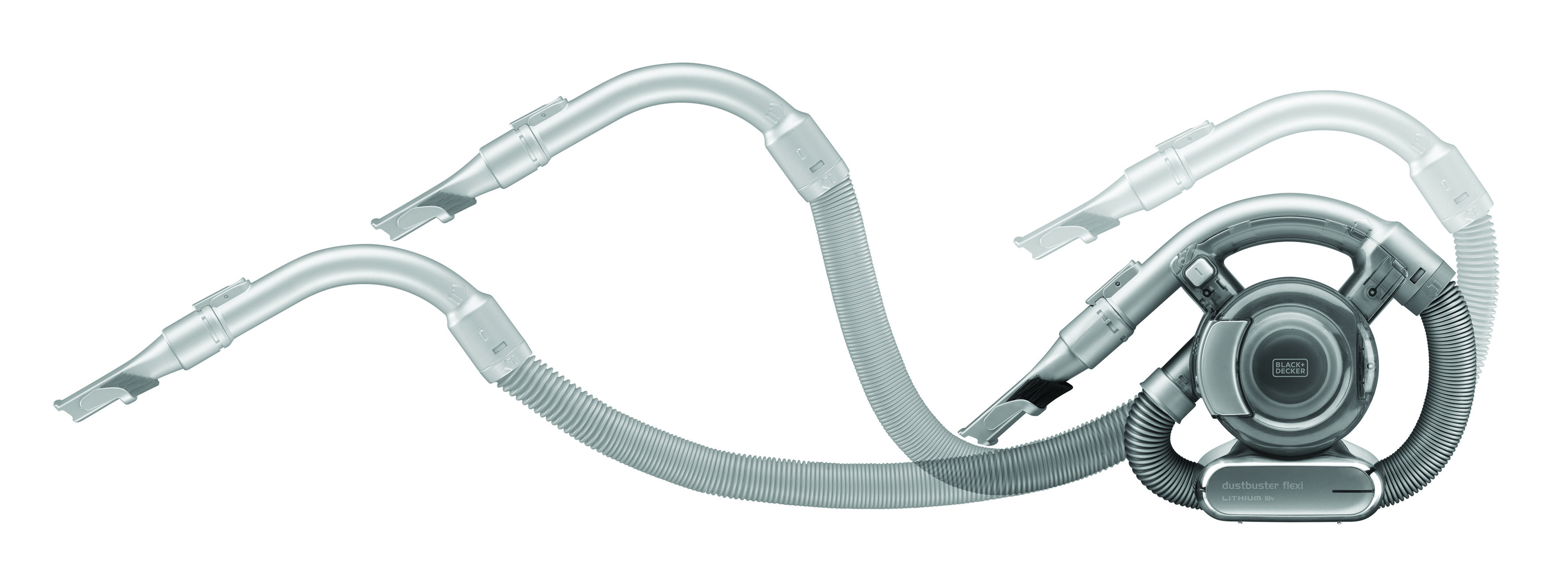 Srebrny odkurzacz ręczny z elastycznymi wężami i nasadkami na białym tle.