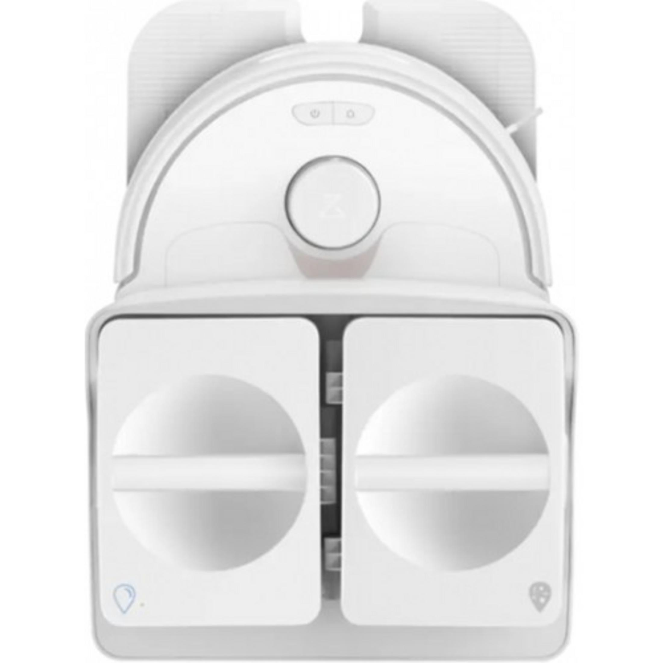 Ein weißer Saugroboter mit Ladestation und zwei Behältern.