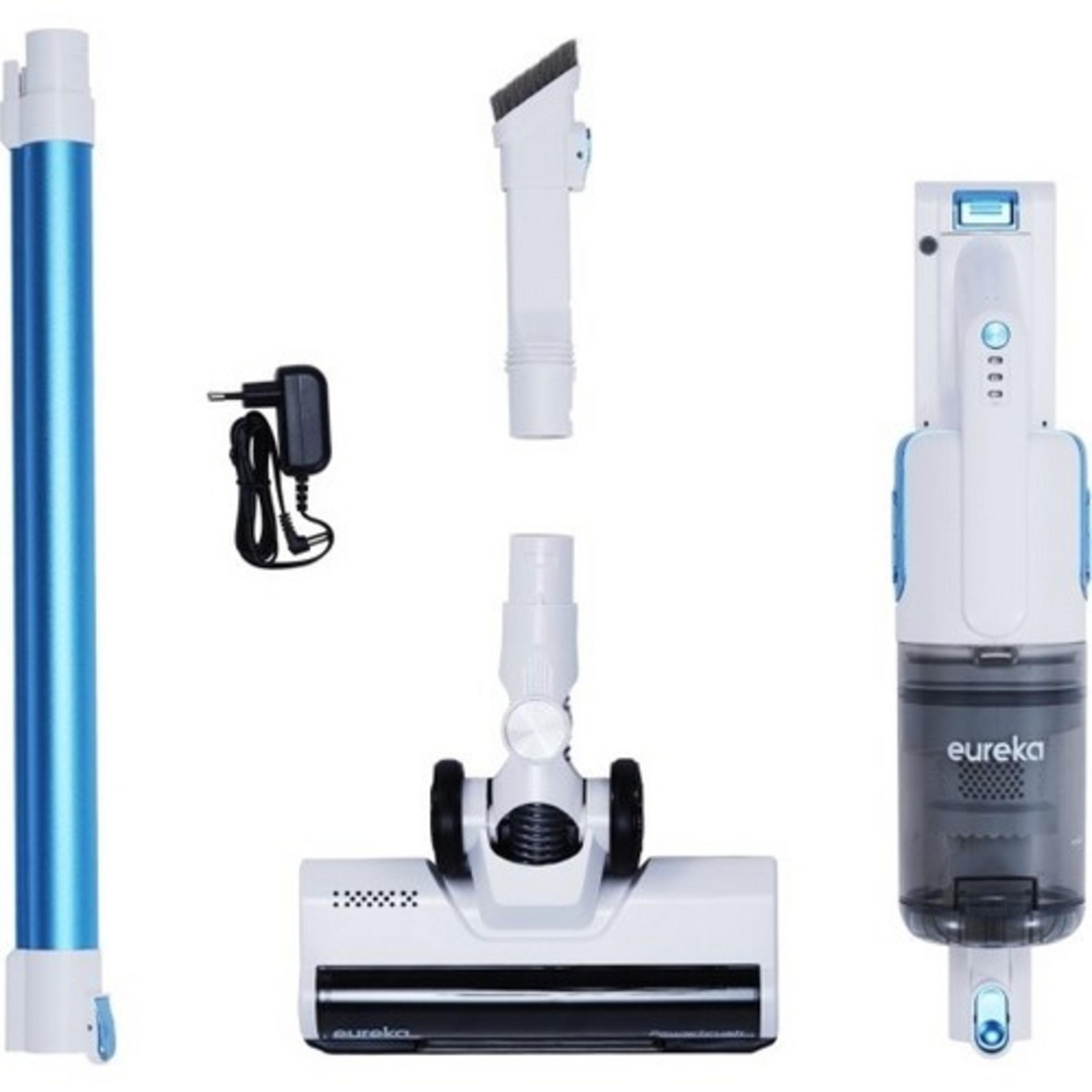 Mavi ve beyaz elektrikli süpürge parçaları: boru, fırça, hazne, şarj cihazı.