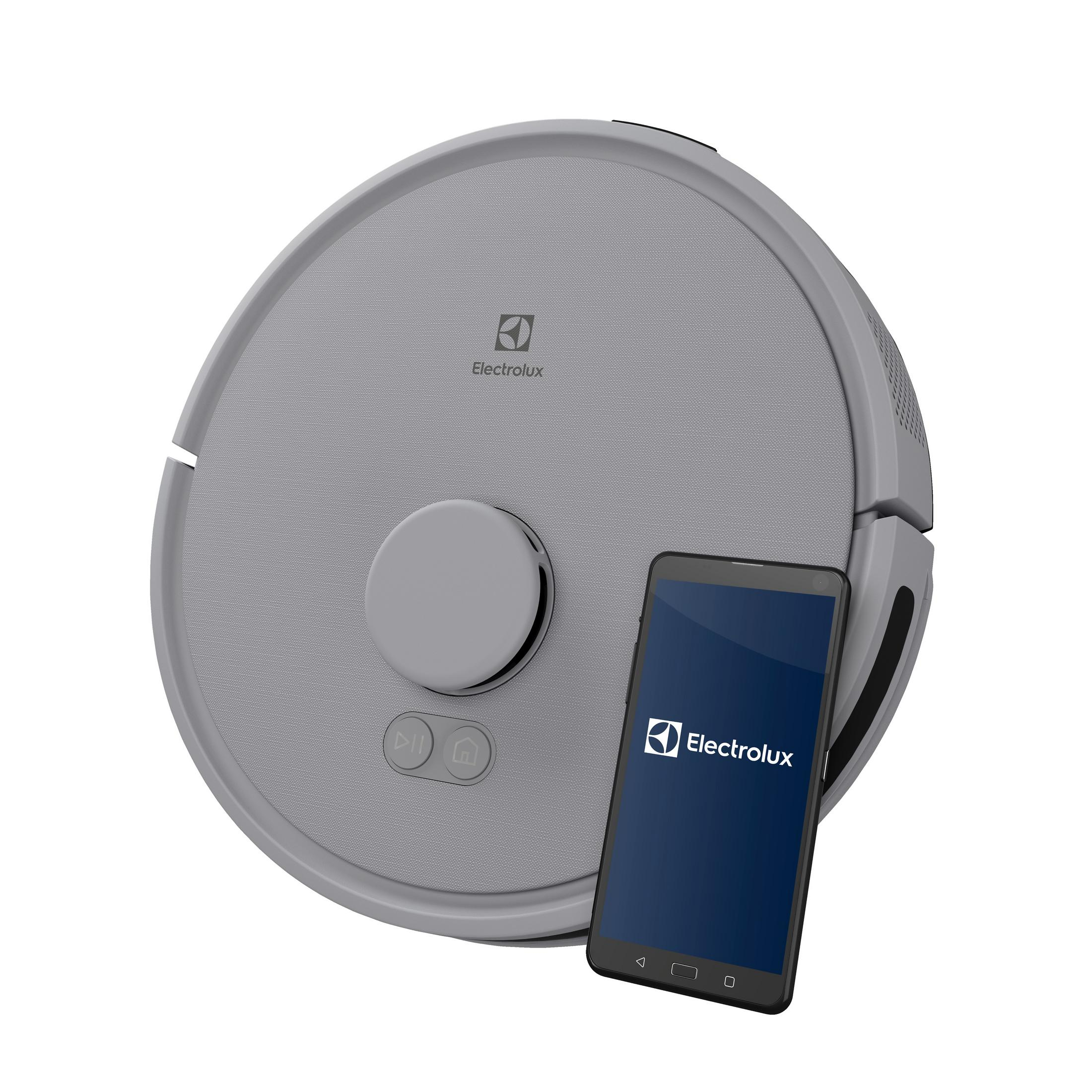 Electrolux logosunu gösteren akıllı telefonlu gri robot süpürge.